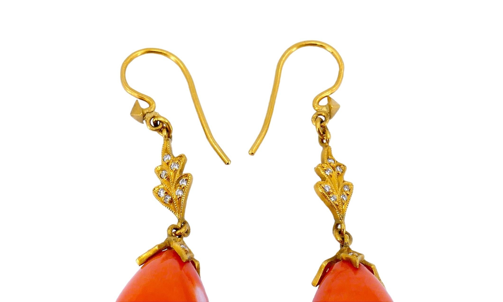 Cathy Waterman Coral Diamond 22k Gold Drop Earrings For Sale 1