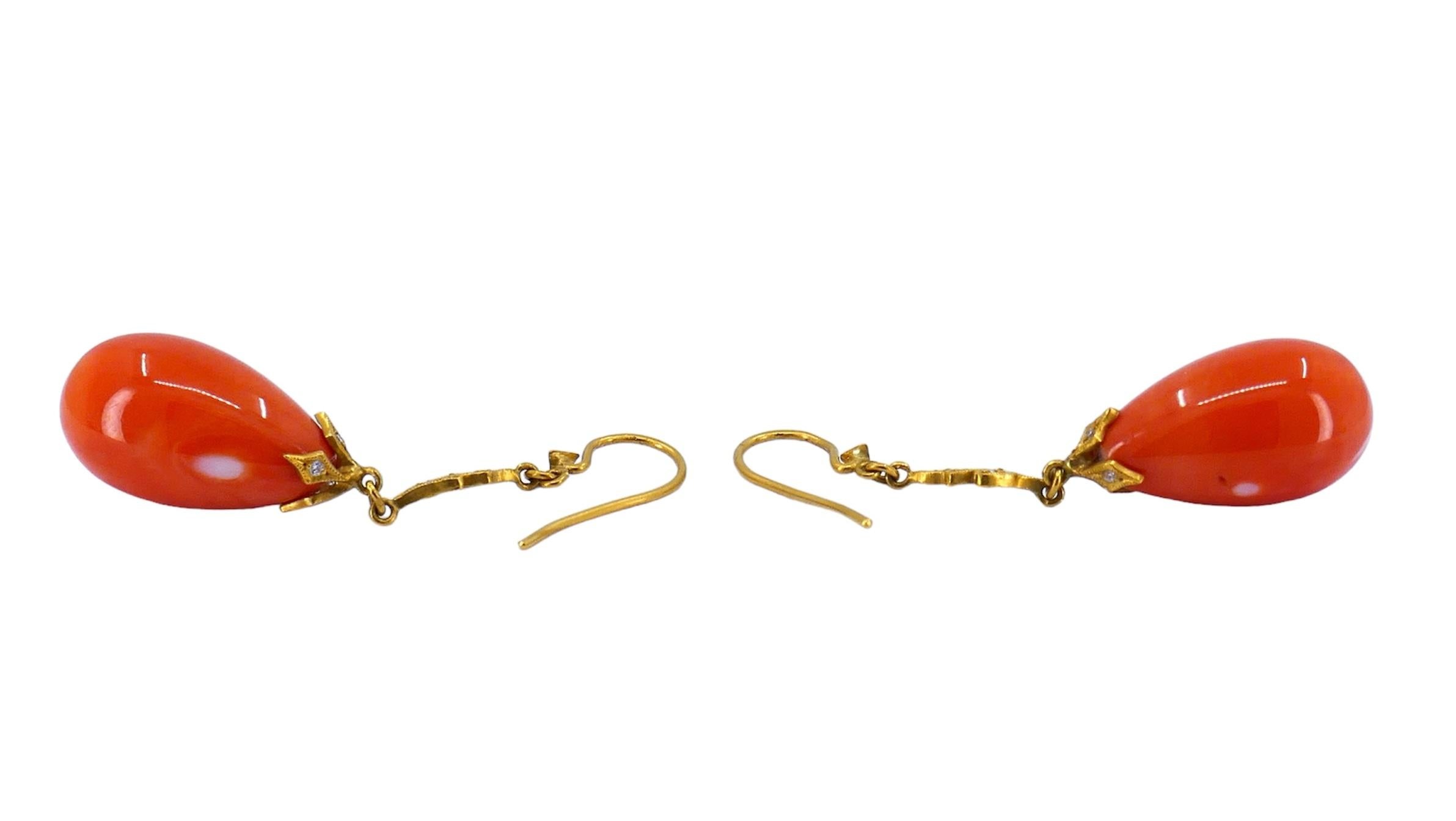 Cathy Waterman Coral Diamond 22k Gold Drop Earrings For Sale 2