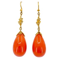 Retro Cathy Waterman Coral Diamond 22k Gold Drop Earrings