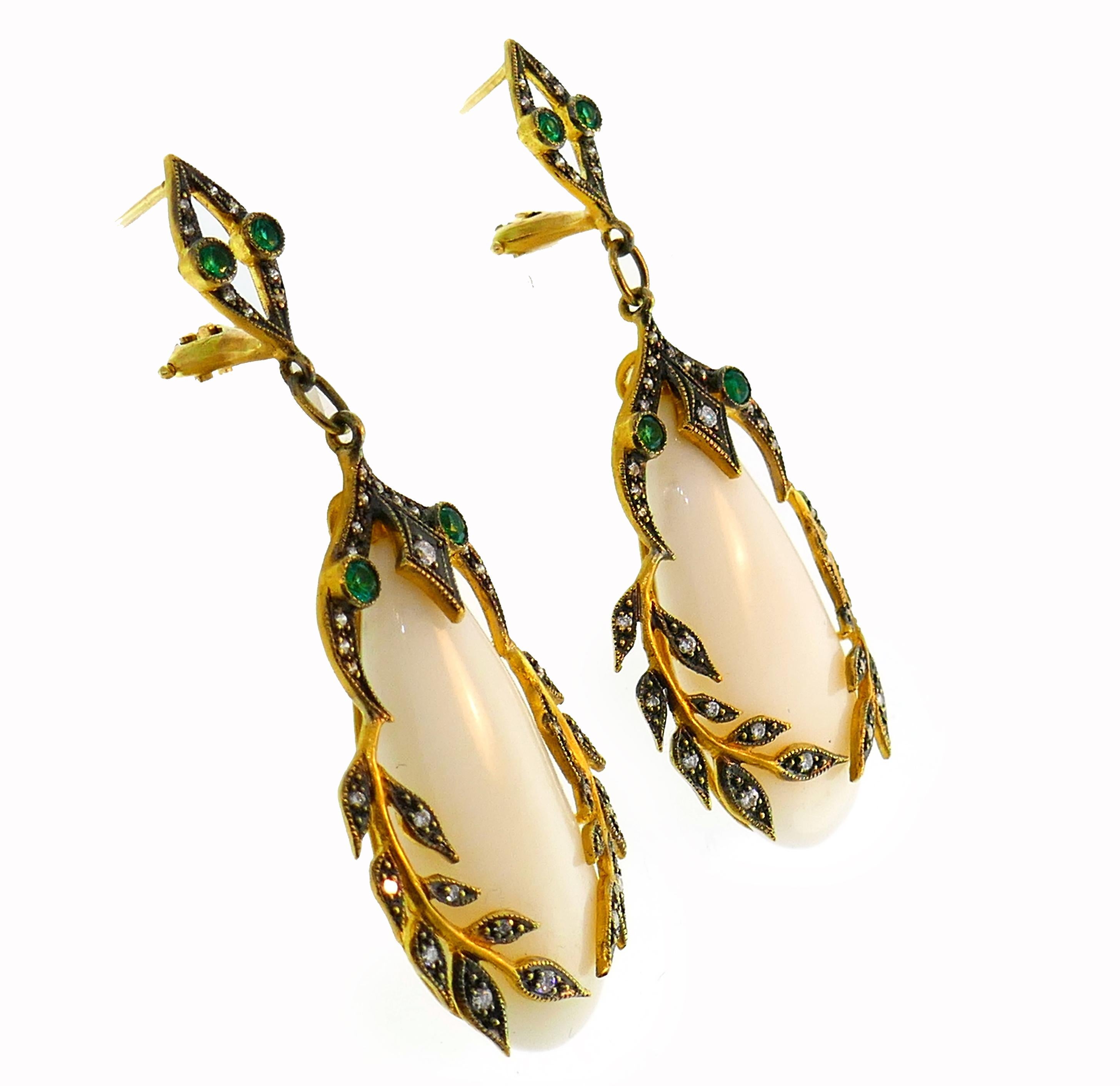 Cathy Waterman Coral Yellow Gold Earrings with Emerald and Diamond Accents In Excellent Condition In Beverly Hills, CA