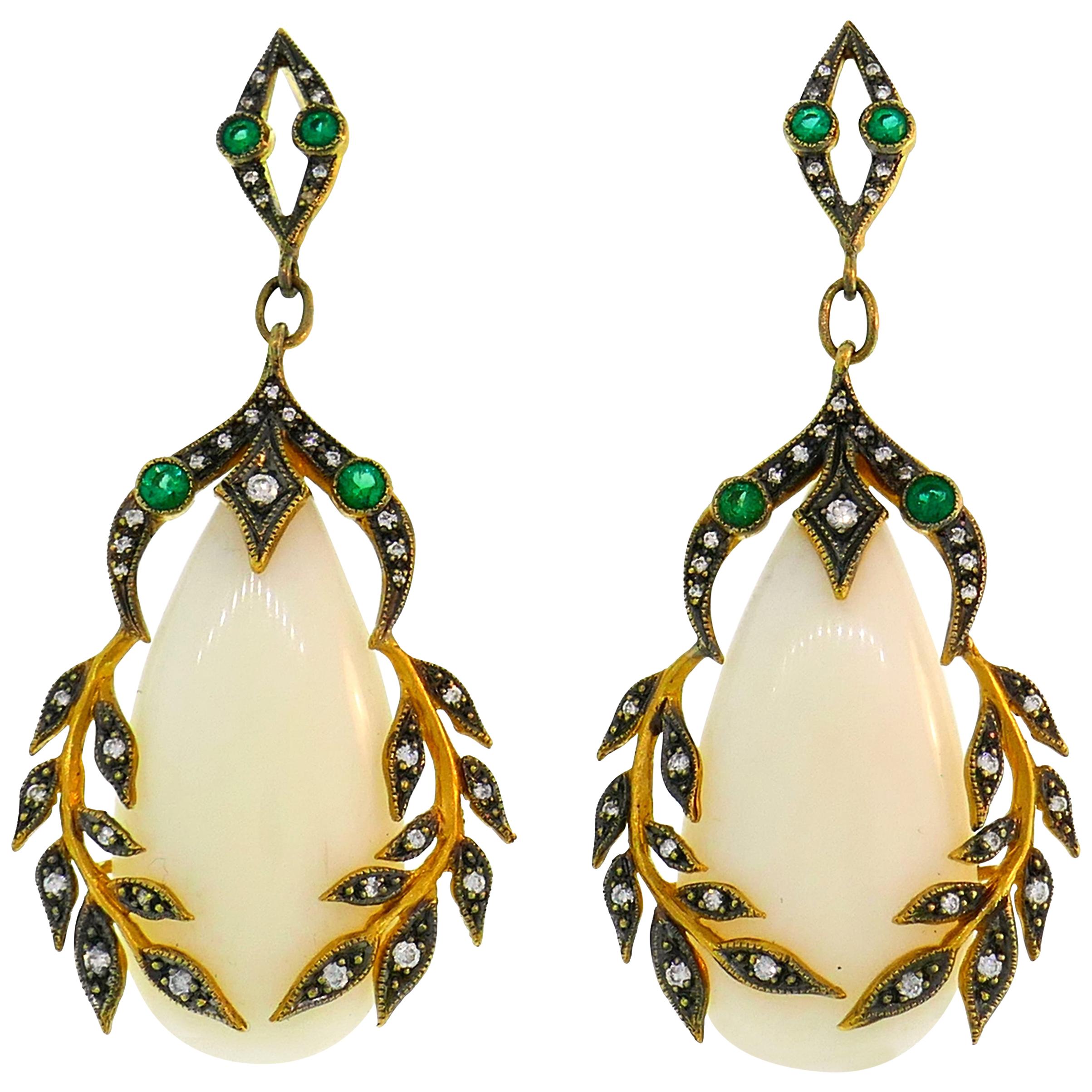 Cathy Waterman Coral Yellow Gold Earrings with Emerald and Diamond Accents