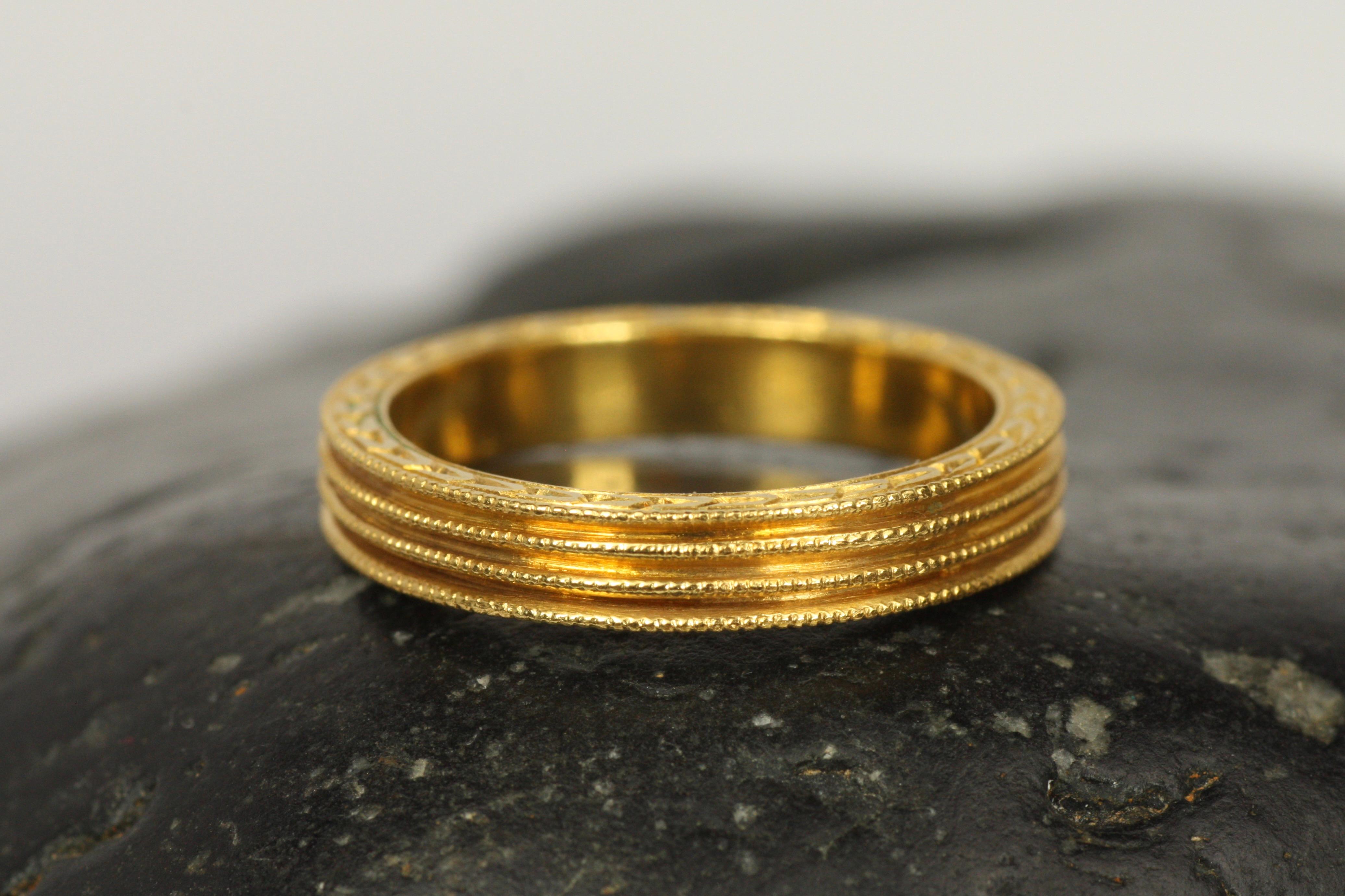Modern Cathy Waterman Grooved Beaded Gold Wedding Band For Sale