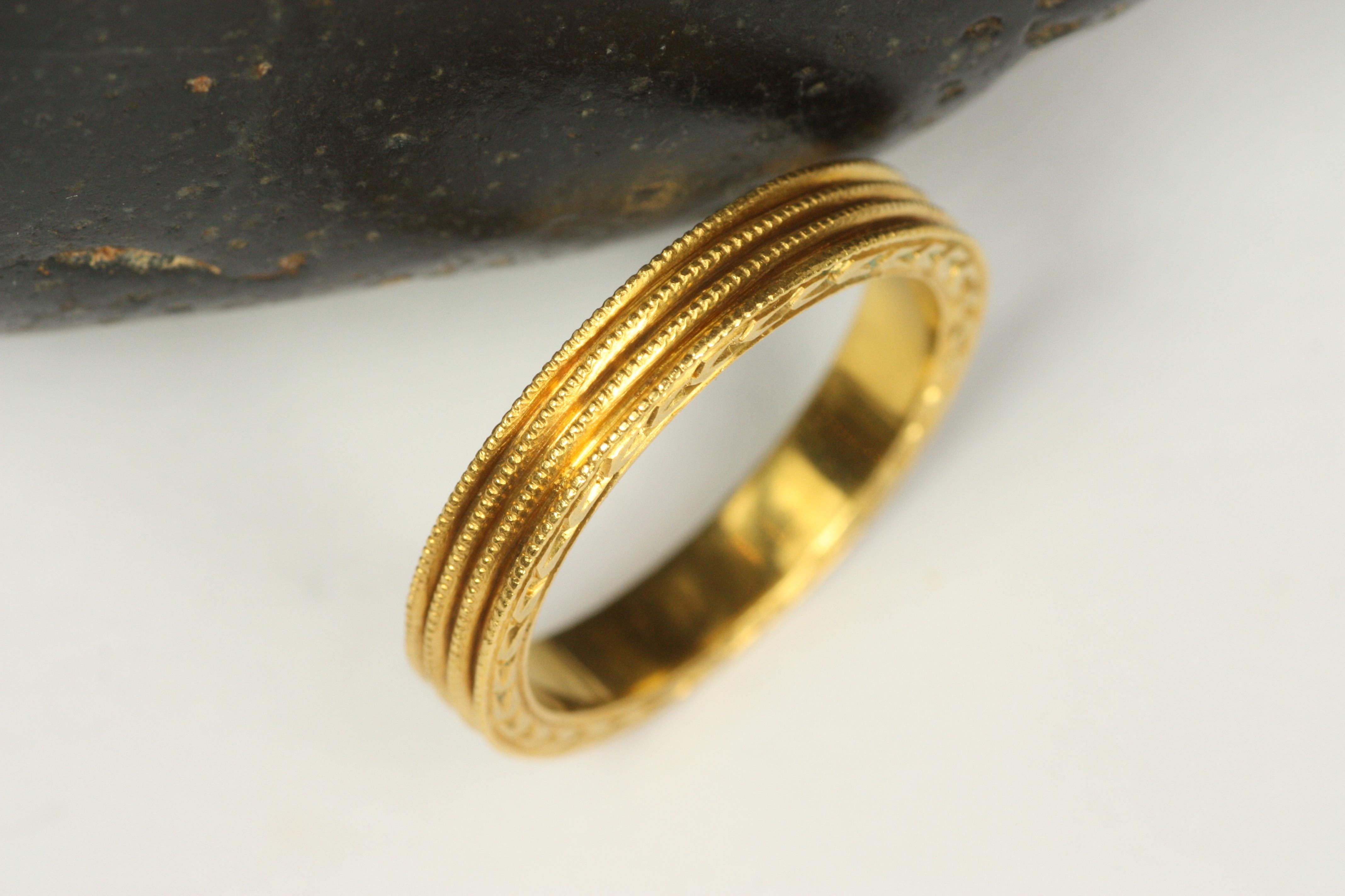 Women's Cathy Waterman Grooved Beaded Gold Wedding Band For Sale