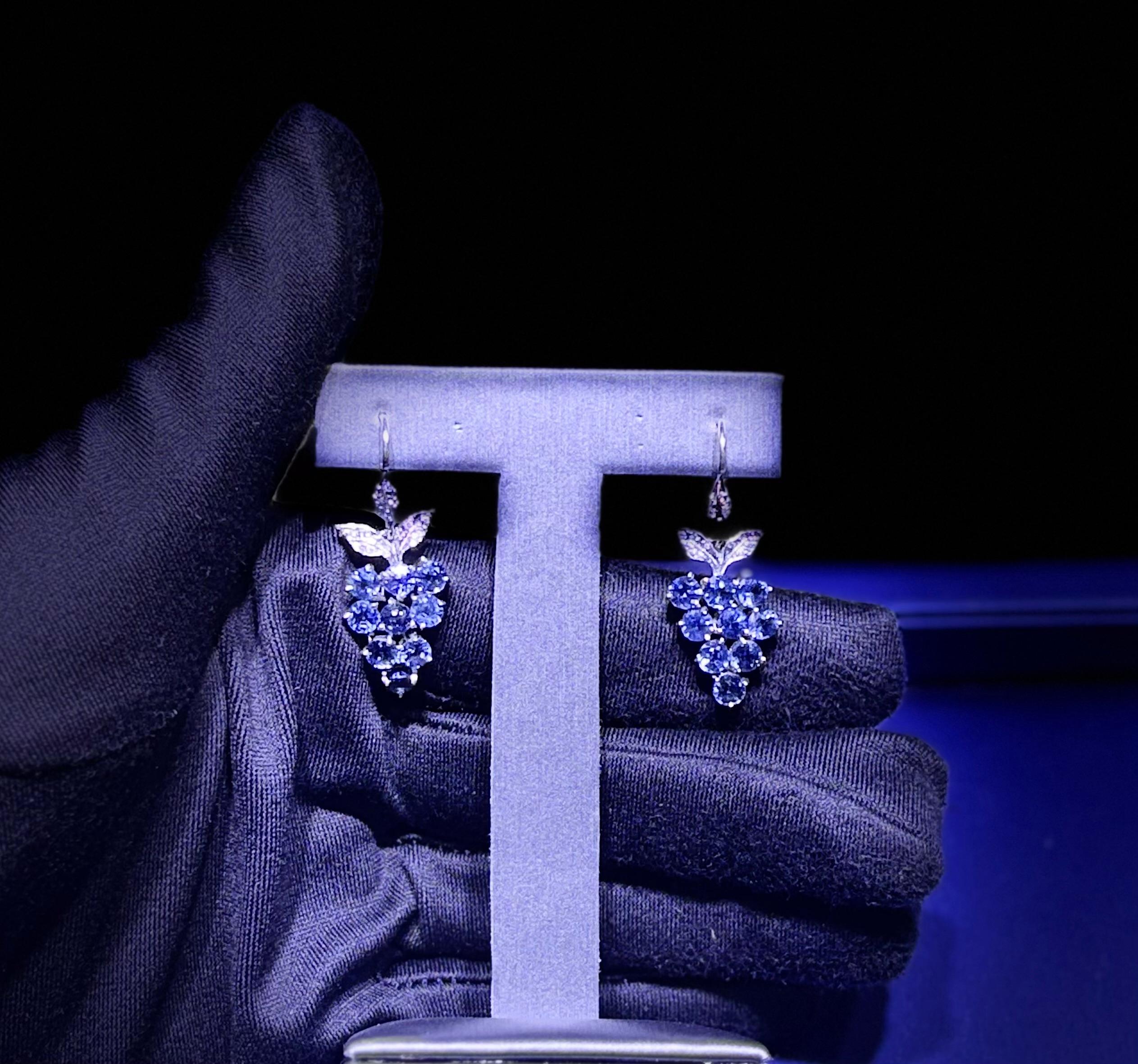 Cathy Waterman Natural Diamond and Sapphire Grape Dangle Drop Platinum Earrings 2