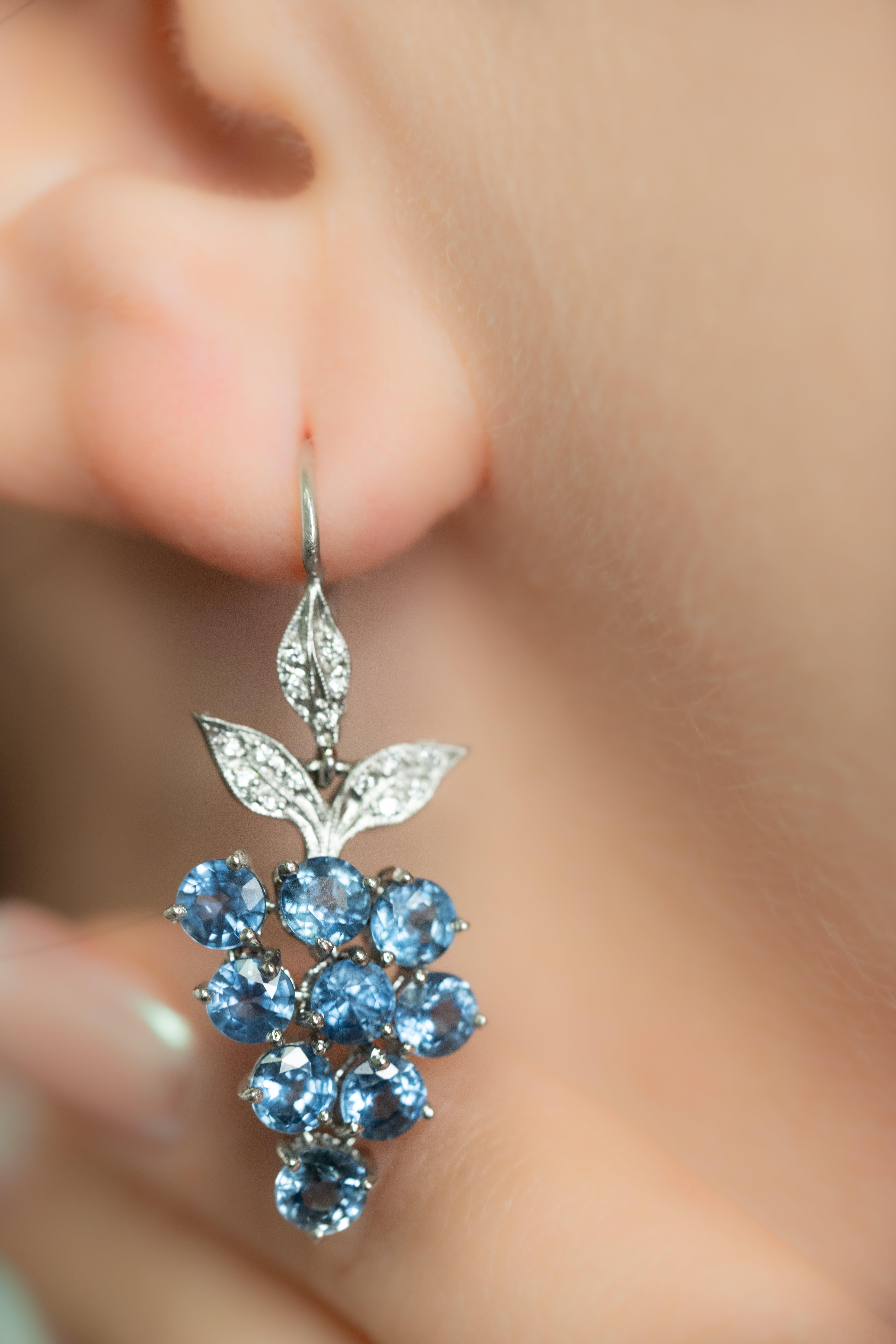 Cathy Waterman Natural Diamond and Sapphire Grape Dangle Drop Platinum Earrings 3