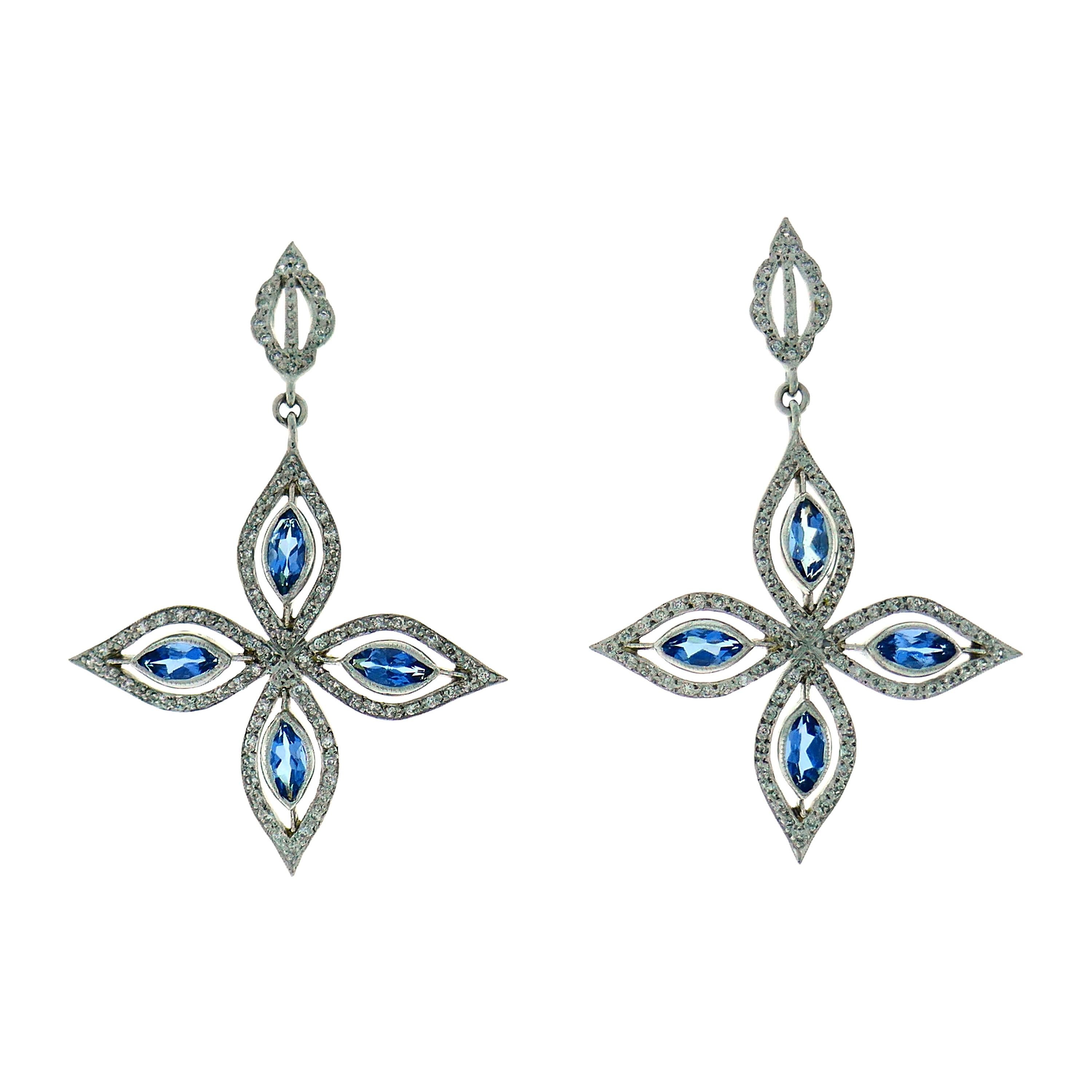 Cathy Waterman Platinum Earrings with Blue Topaz and Diamond