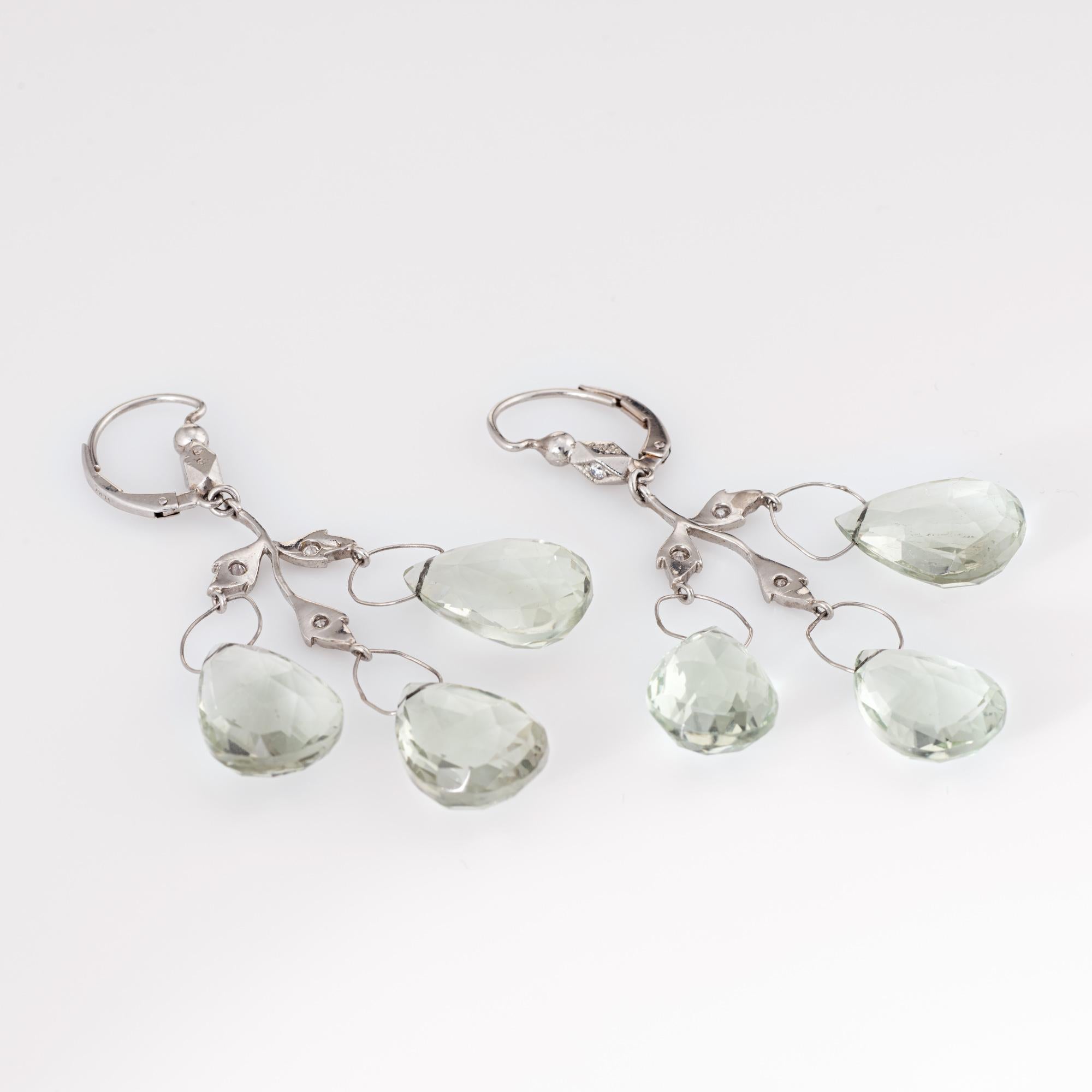 Elegant pair of Cathy Waterman leaf drop earrings crafted in 900 platinum. 

Checkerboard faceted prasiolite green amethyst measures 16mm x 11mm and total an estimated 42 carats. The eight estimated 0.01 carat round brilliant cut diamonds total an