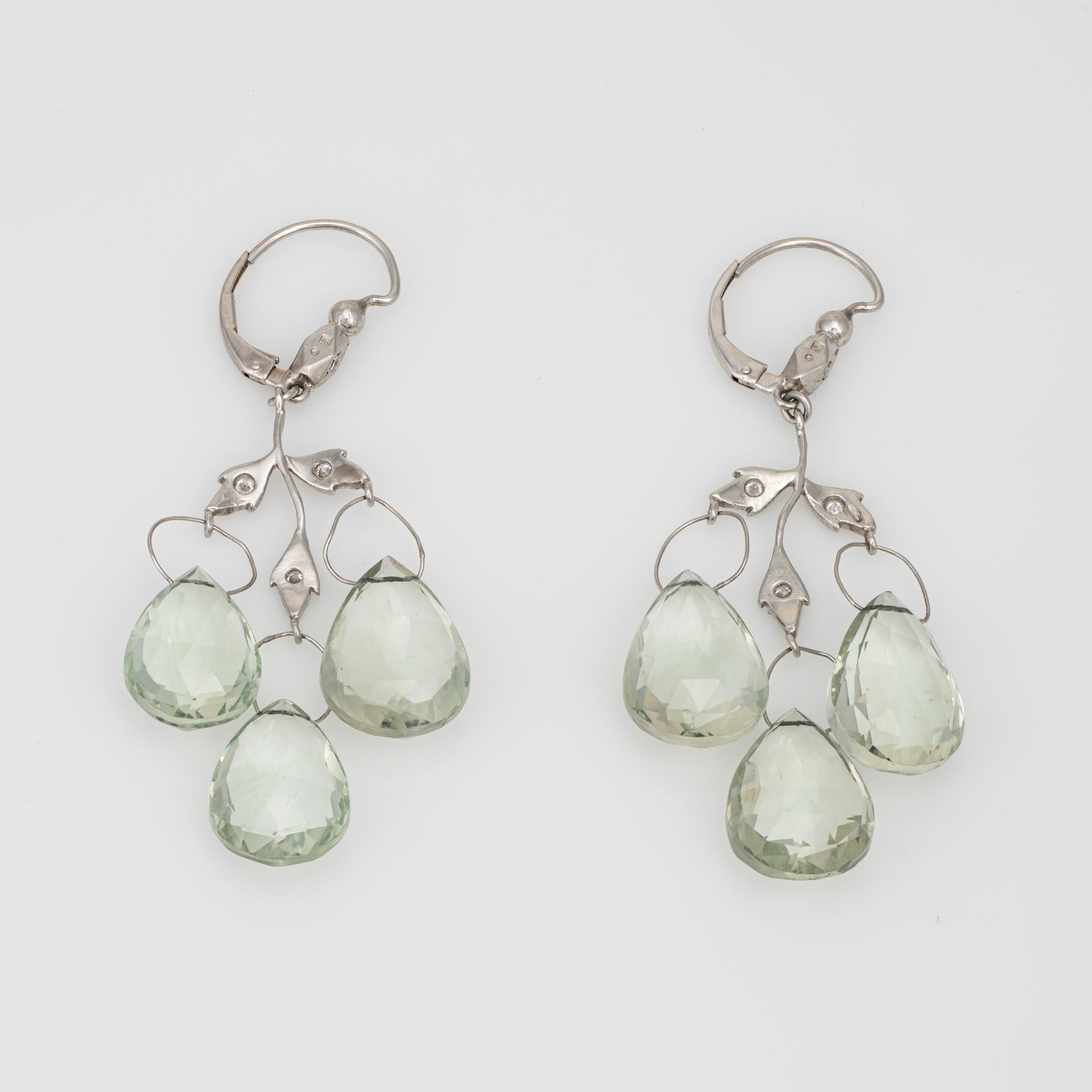 Elegant pair of Cathy Waterman leaf drop earrings crafted in 900 platinum. 

Checkerboard faceted prasiolite green amethyst measures 15mm x 11mm and total an estimated 42 carats. The eight estimated 0.01 carat round brilliant cut diamonds total an