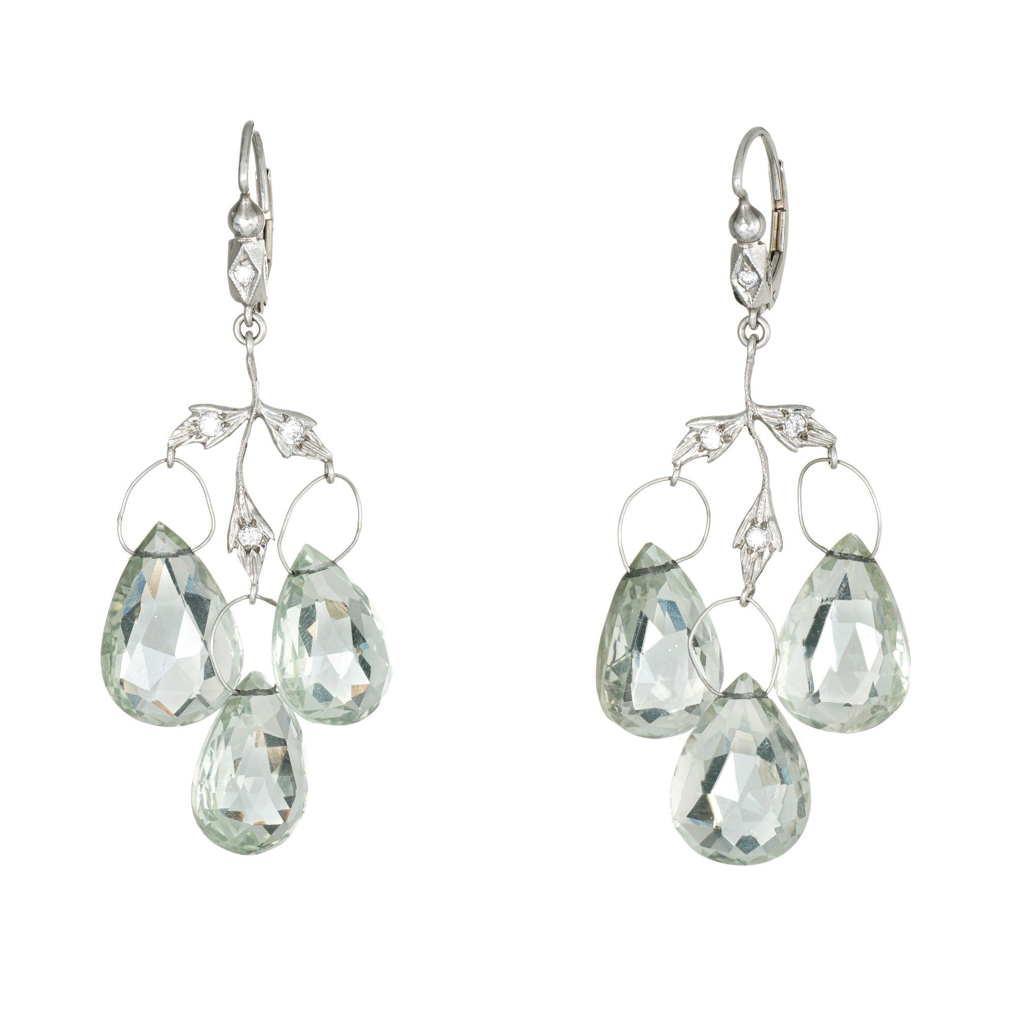 Cathy Waterman Prasiolite Diamond Earrings Leaf Triple Drop Estate Fine Jewelry