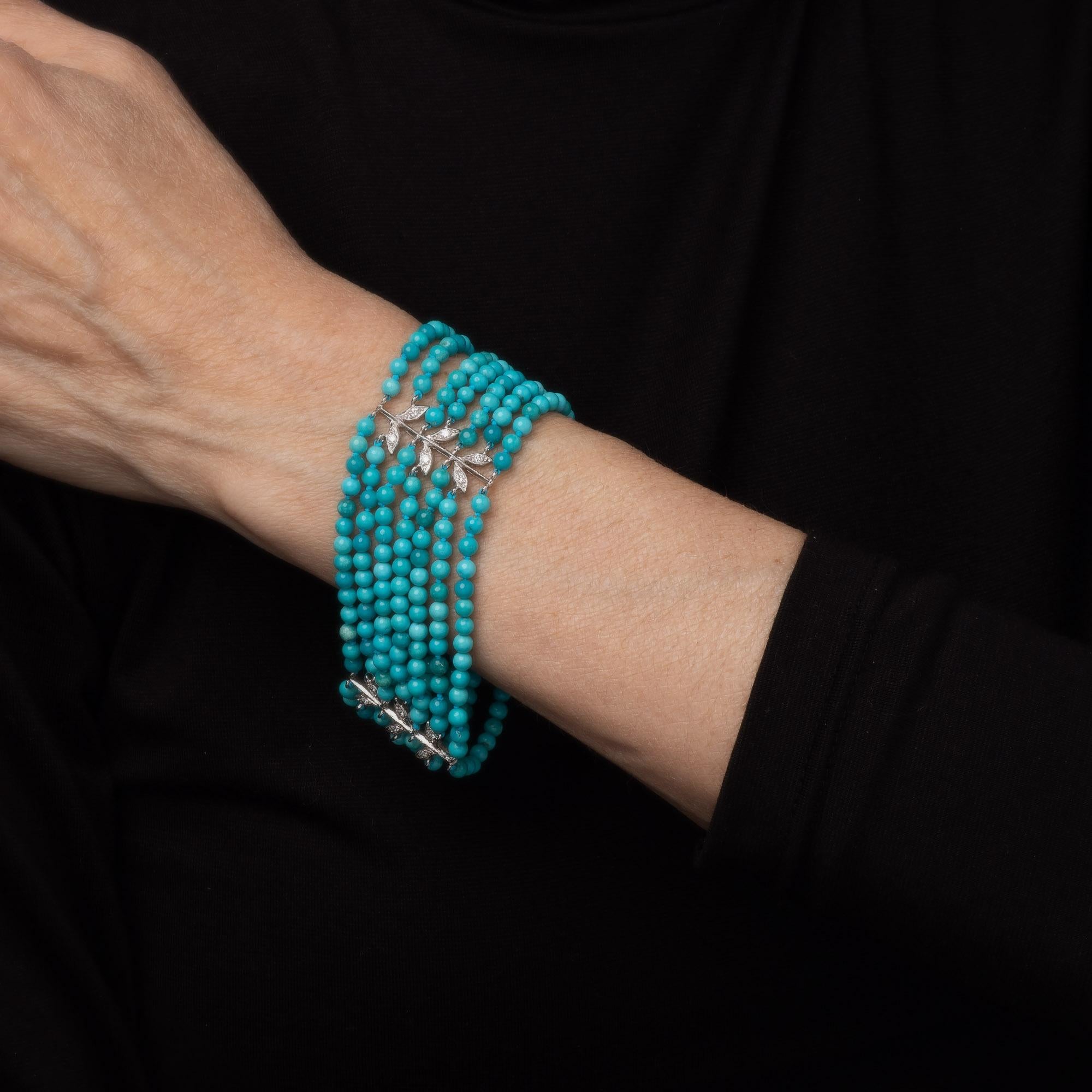 Taille ronde Cathy Waterman Bracelet Turquoise Diamant 7 Strand Platinum Estate 6.25