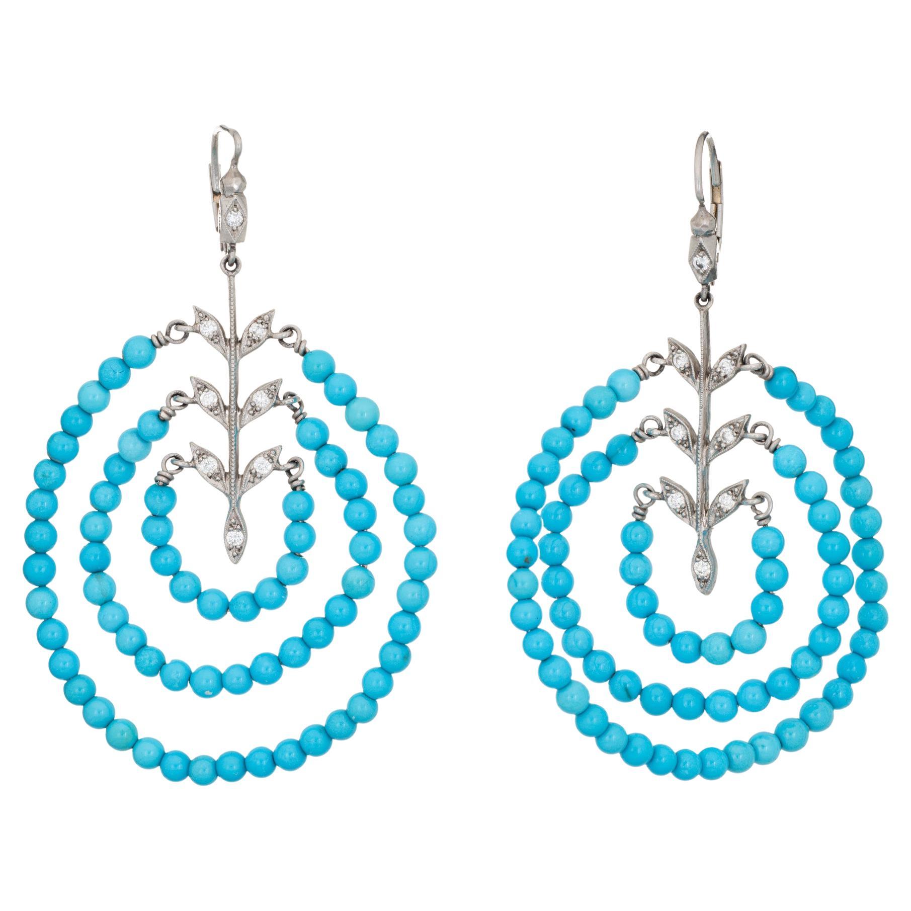 Cathy Waterman Turquoise Diamond Earrings Multi Hoop Drops Estate Fine Jewelry For Sale