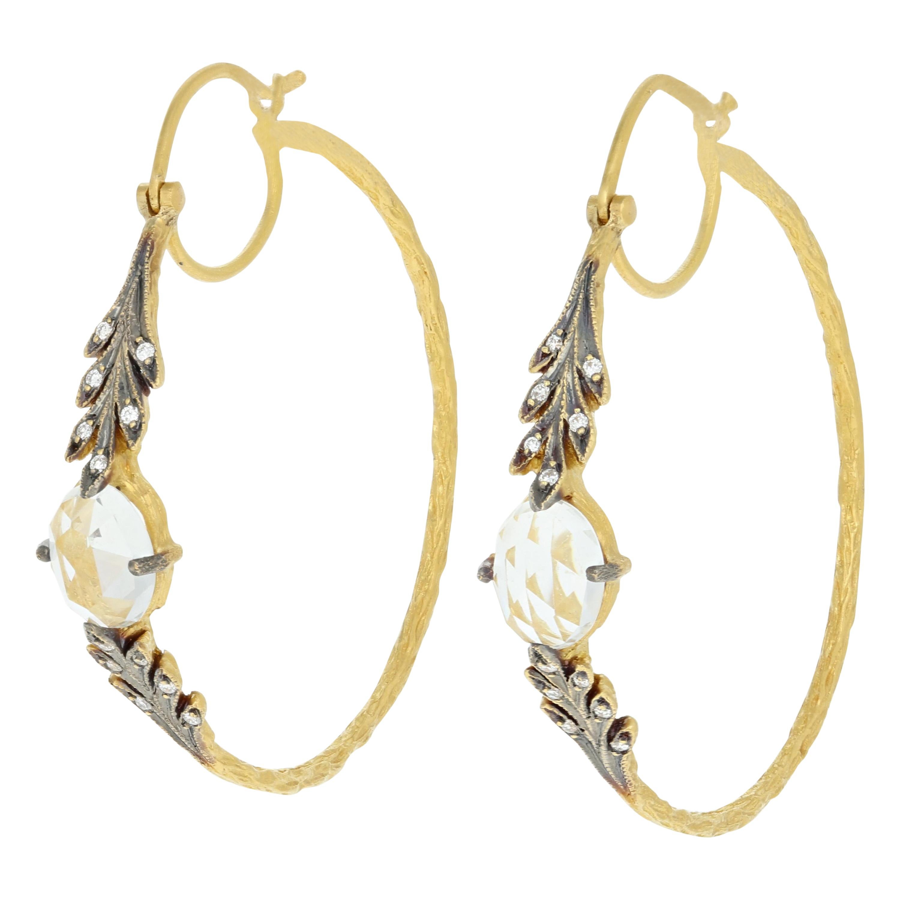Cathy Waterman White Topaz & Diamond Hoop Earrings, 22k Gold Pierced .10 Carat