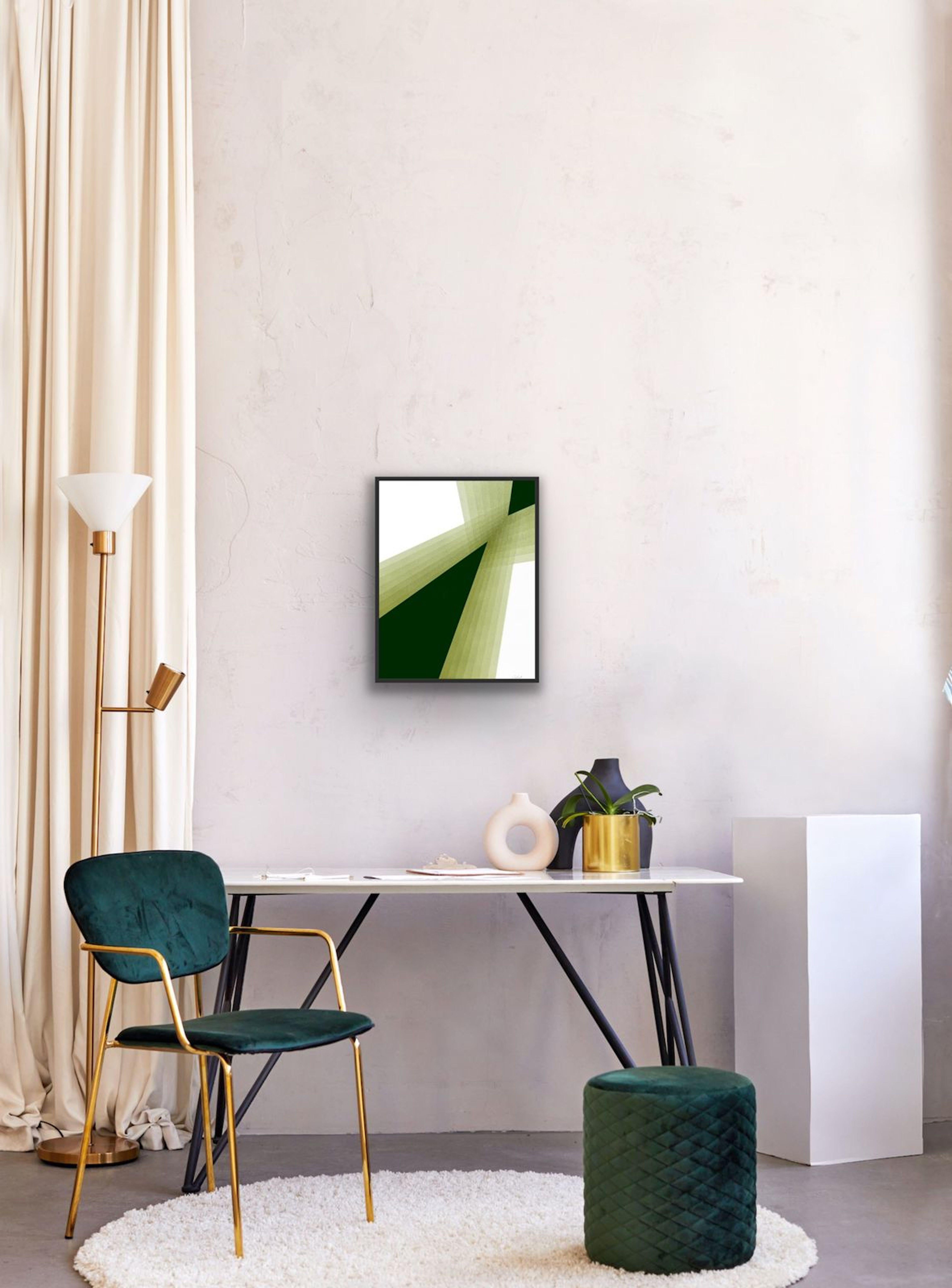 Conv or Div Green is an abstract painting that explores the theme of convergence and divergence. The artwork features lines that come together and meet at the center of the canvas, suggesting a point of convergence, while the same lines move apart