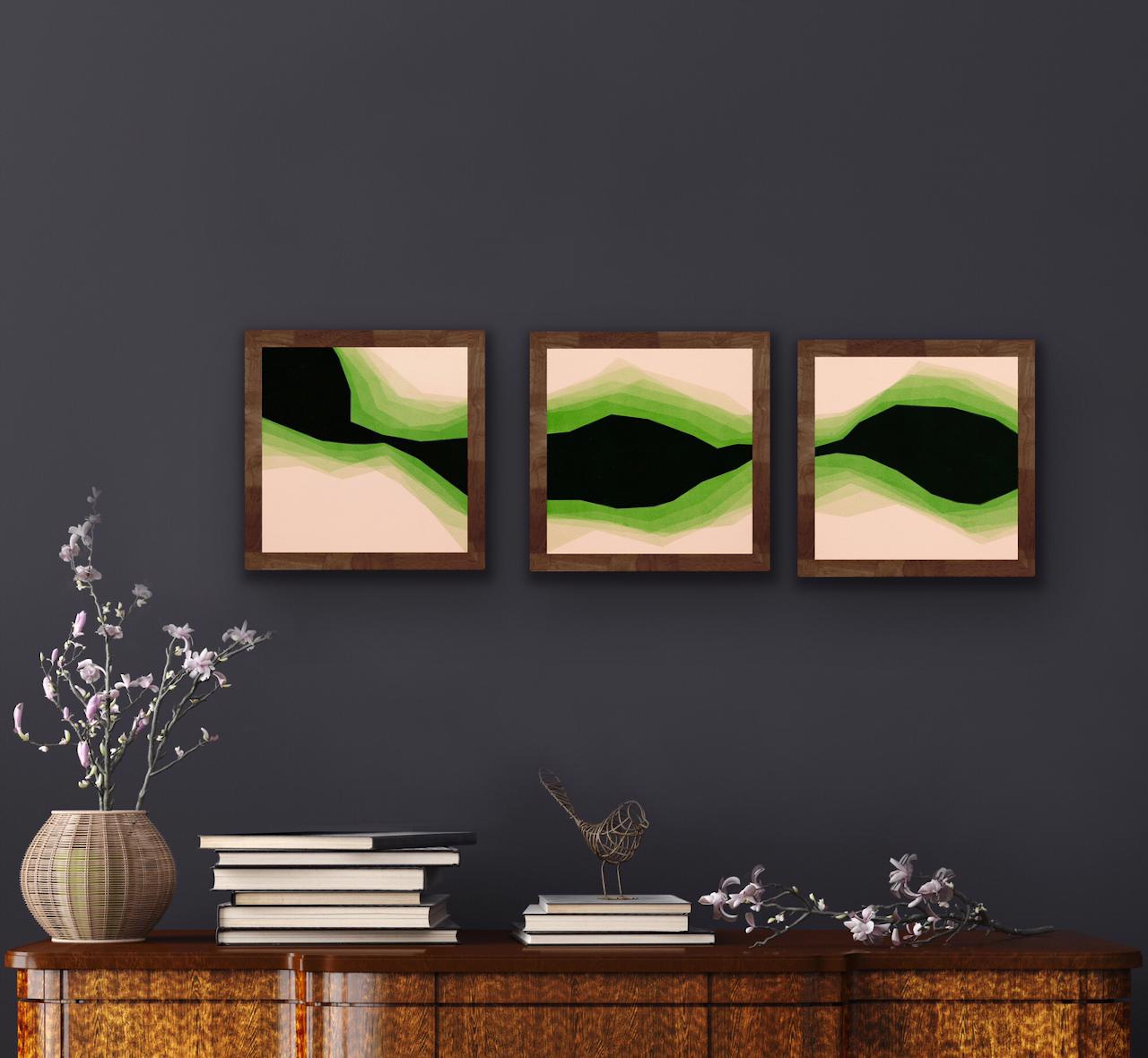Green Energy - Triptych, Painting, Acrylic on Canvas - Beige Abstract Painting by Catia Goffinet