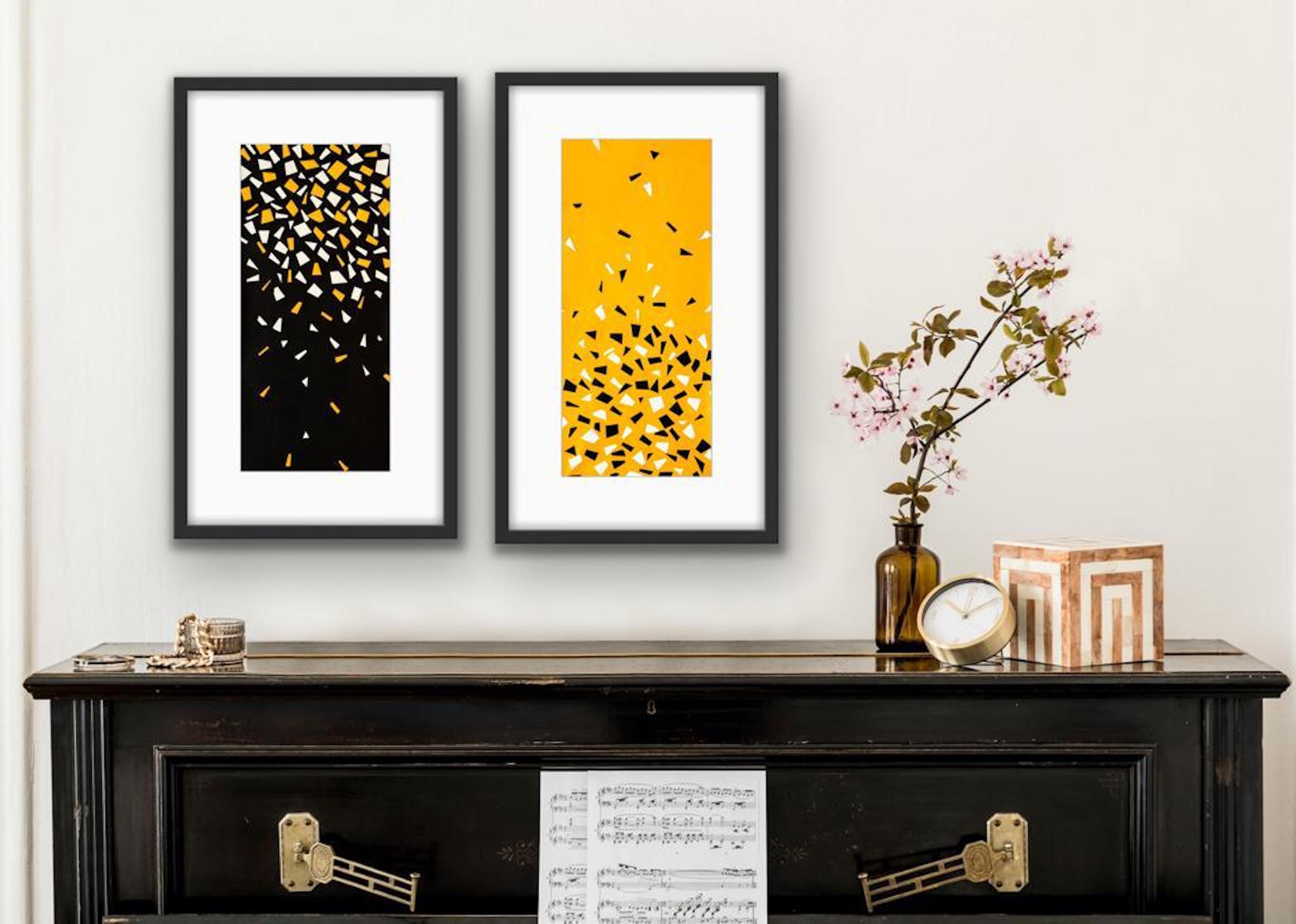 Il sole è così frequente nel mio studio che a volte disegna piccole forme di luce miste a ombre sul mio tavolo. È così bello e toccante che ho rubato l'idea del sole e l'ho trasformata in arte :: Pittura :: Astratta :: Questo pezzo viene fornito con