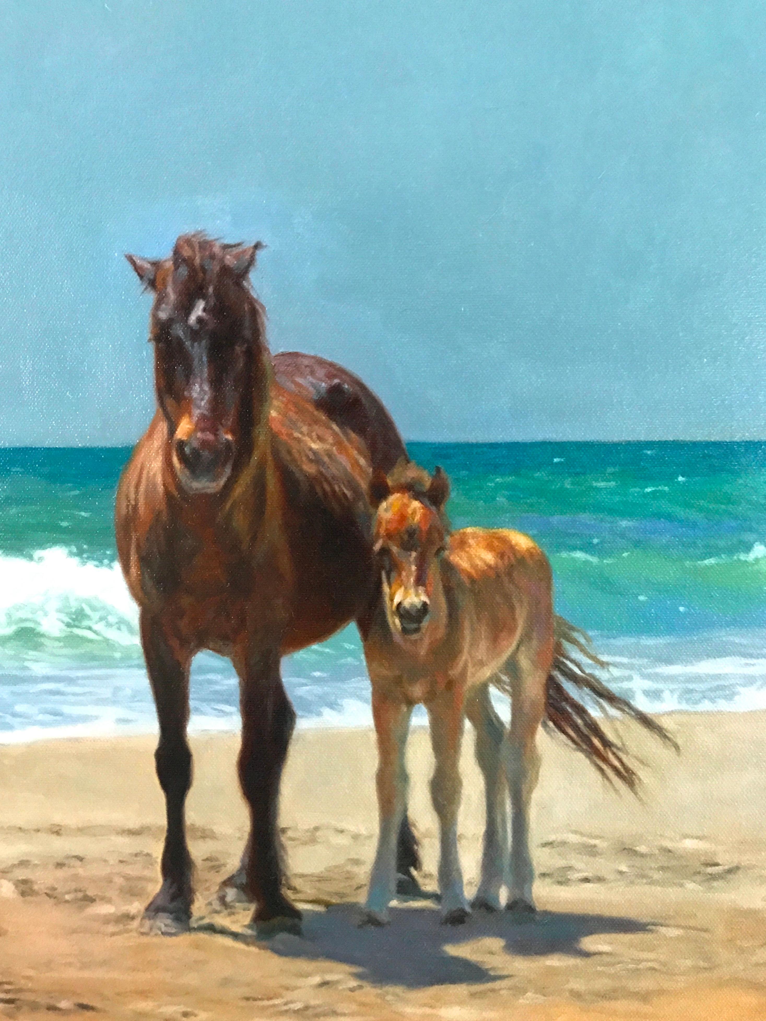 Exquisite realist oil landscape with horses enjoying the ocean breeze and peace - Painting by Catrina Monroe