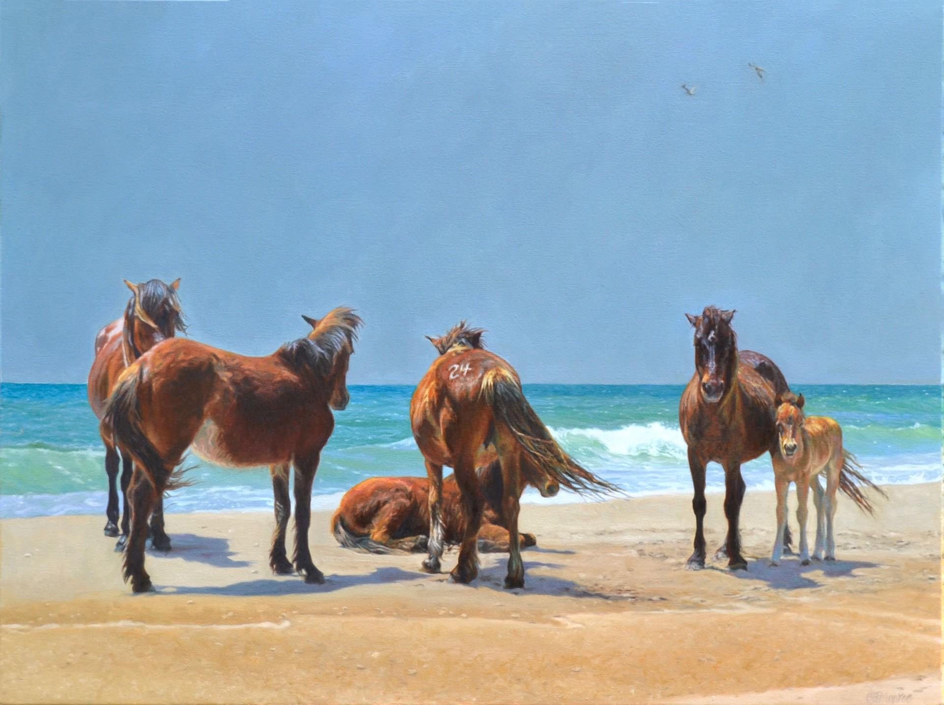 Catrina Monroe Animal Painting - Exquisite realist oil landscape with horses enjoying the ocean breeze and peace