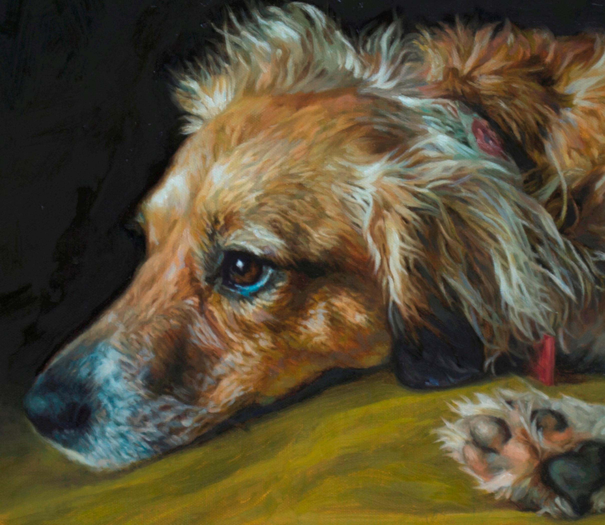 Pensive Penny, a long haired dachshund mix dog painting with exquisite detail - Painting by Catrina Monroe