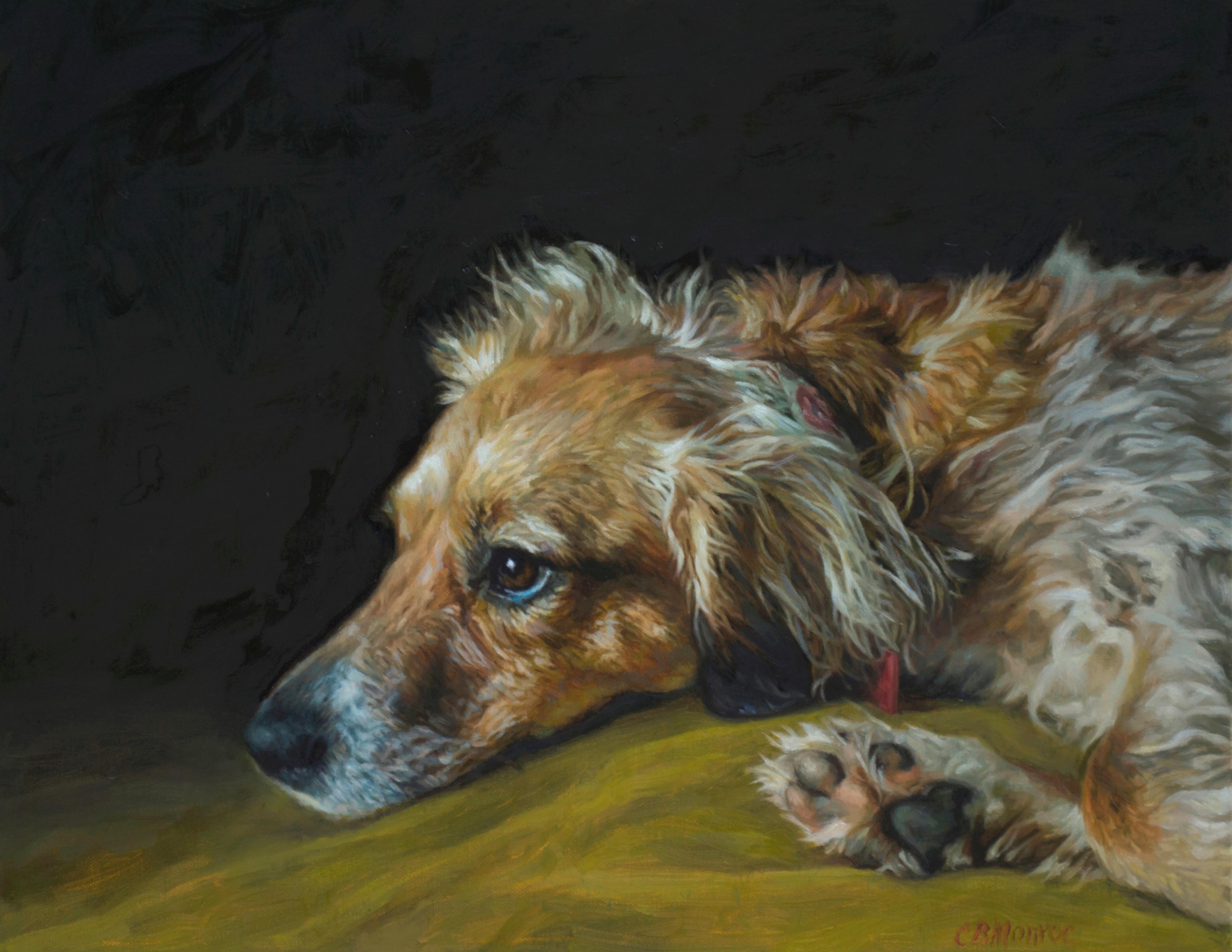 Catrina Monroe Portrait Painting - Pensive Penny, a long haired dachshund mix dog painting with exquisite detail