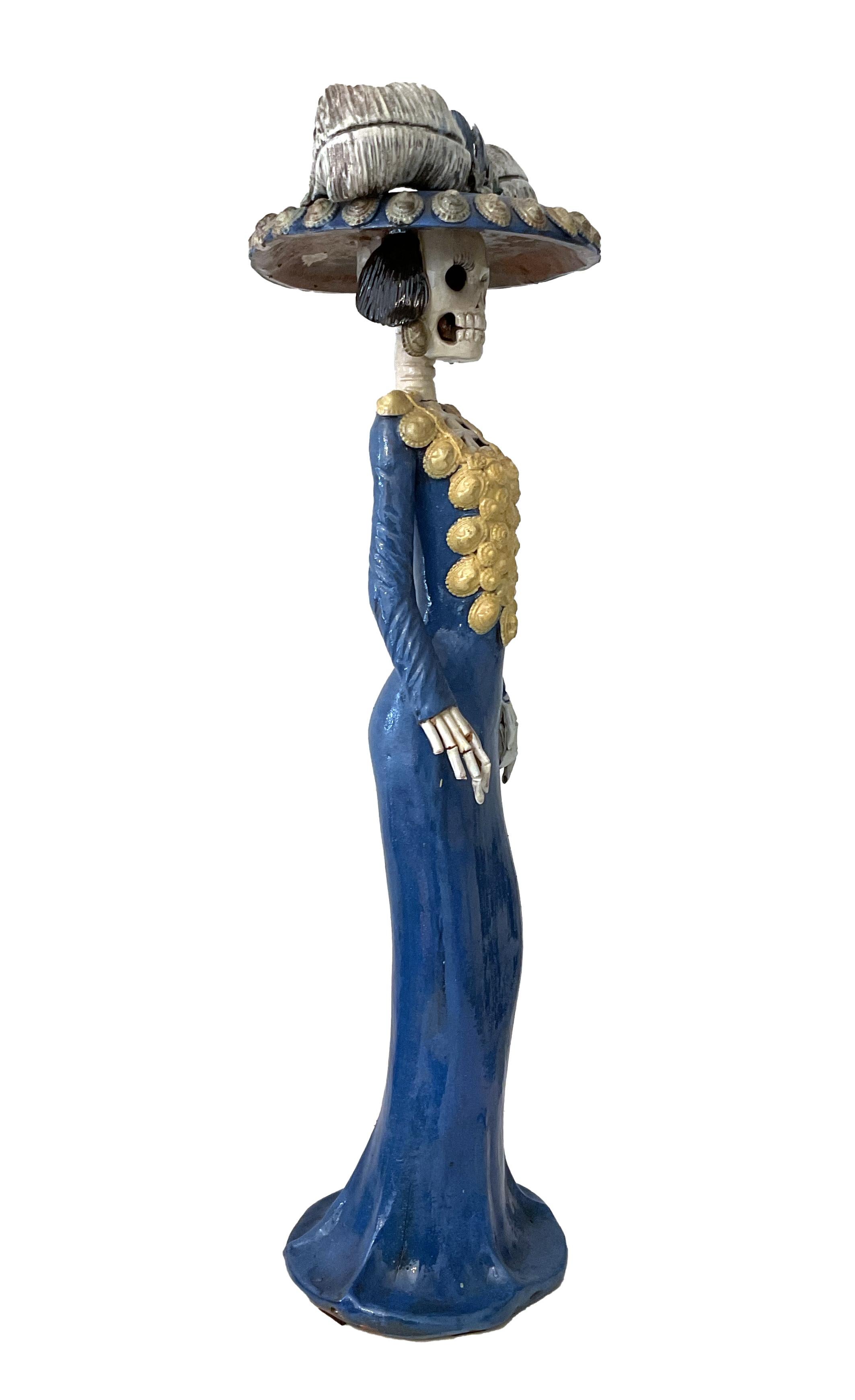 Mexican Catrina, polychrome terracotta sculpture, Mexico For Sale