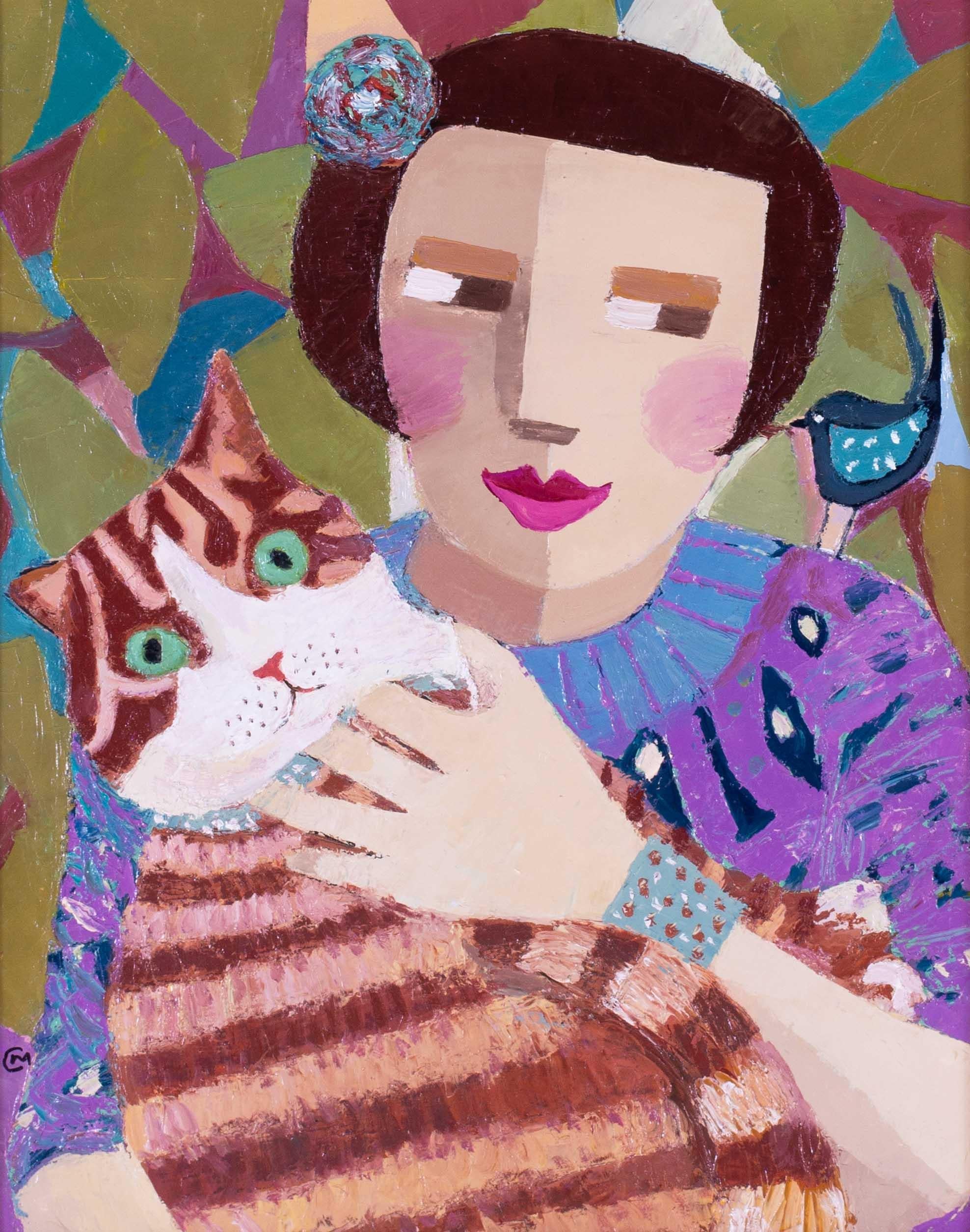 Scottish 20th Century naive oil painting 'Beautiful betsy' with ginger cat - Painting by Catriona Millar