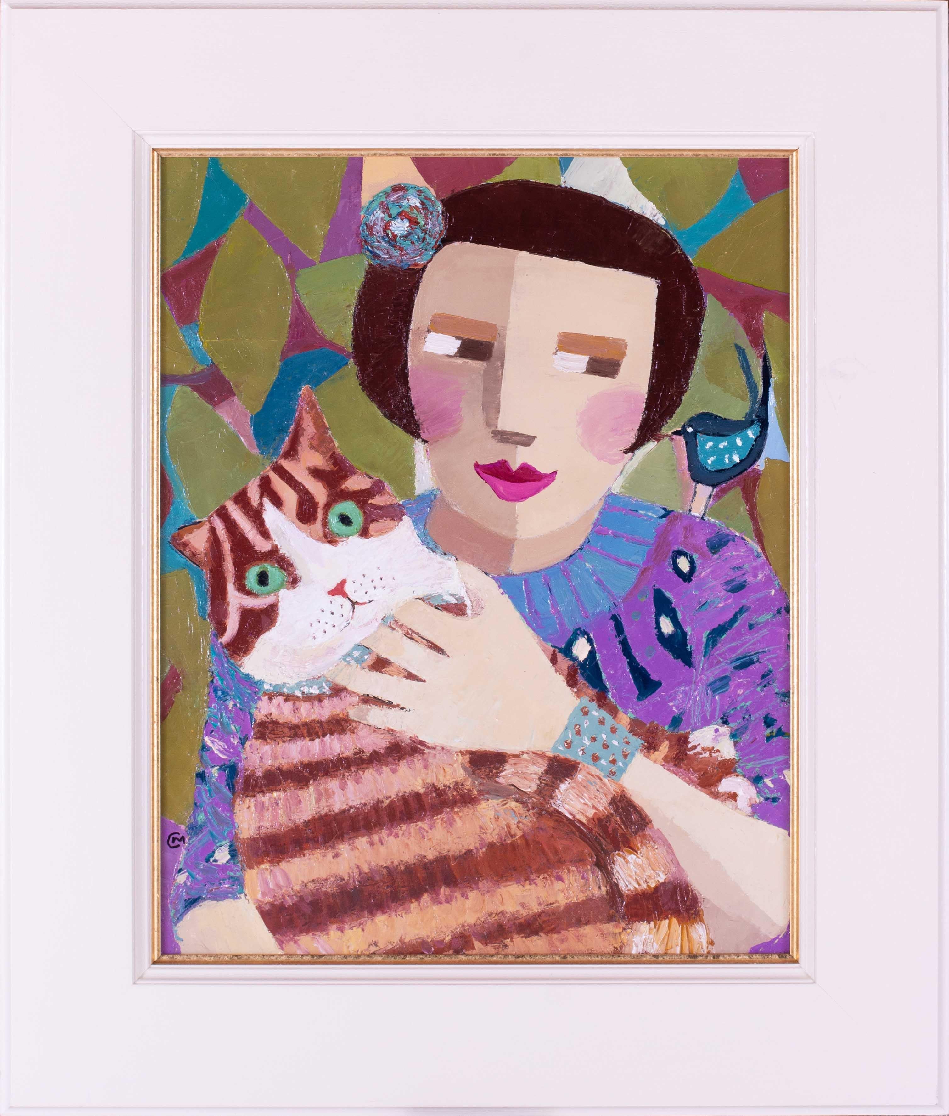 Catriona Millar Animal Painting - Scottish 20th Century naive oil painting 'Beautiful betsy' with ginger cat