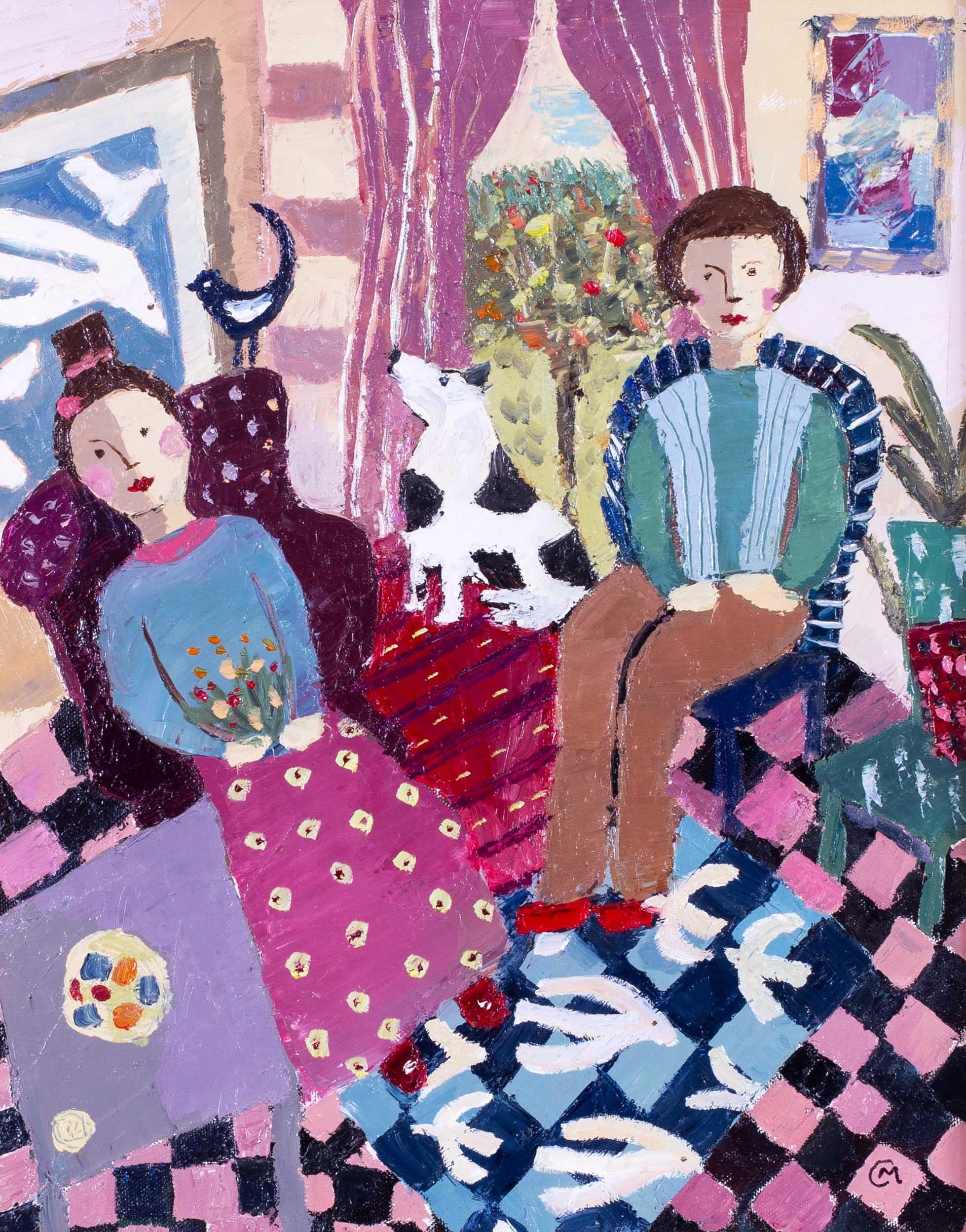 Scottish 20th Century naive oil painting of figures, dogs and birds in interior - Painting by Catriona Millar