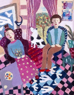 Dipinto a olio naif scozzese del XX secolo con figure, cani e uccelli in un interno