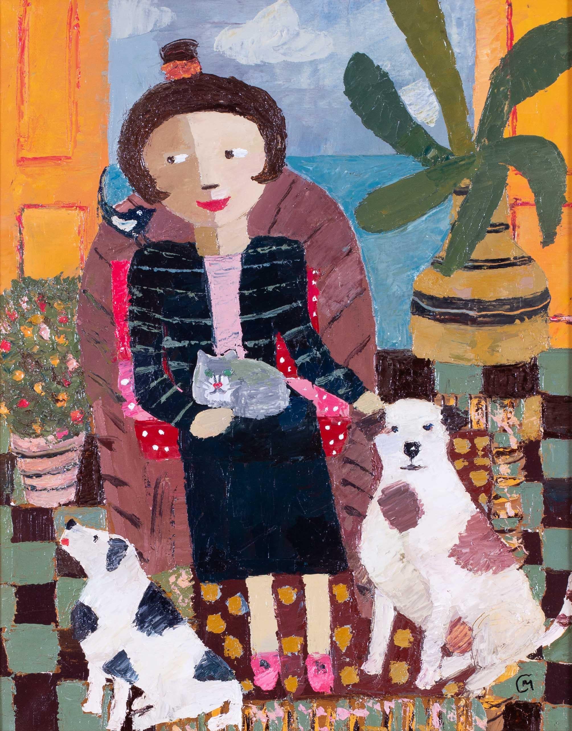 Scottish 20th Century naive oil painting of figures, dogs and birds in interior - Painting by Catriona Millar