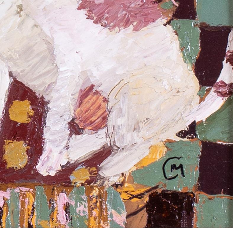 Schottisches, naives Ölgemälde des 20. Jahrhunderts mit Figuren, Hunden und Vögeln in Innenräumen (Volkskunst), Painting, von Catriona Millar