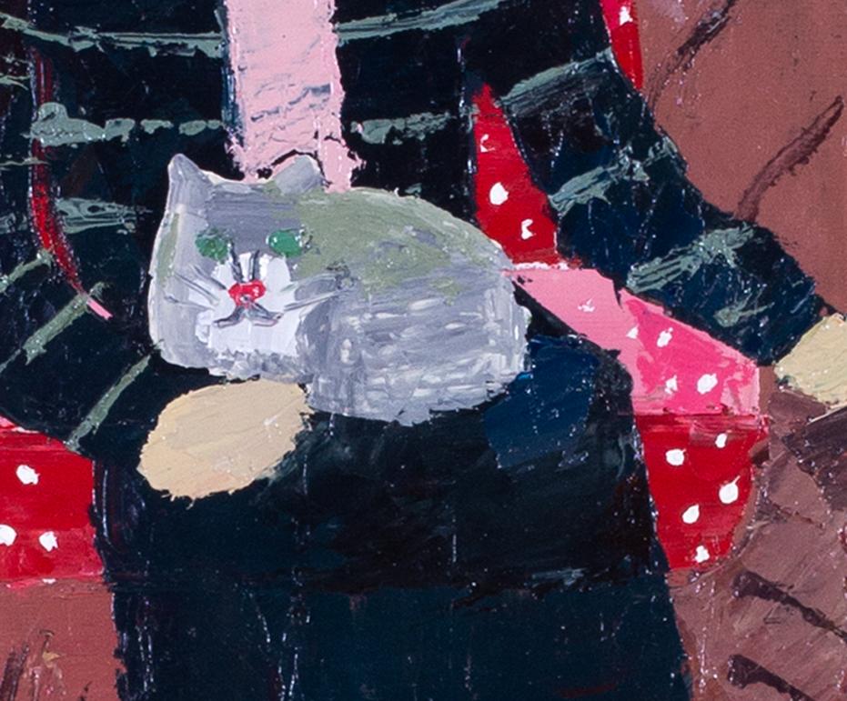 Schottisches, naives Ölgemälde des 20. Jahrhunderts mit Figuren, Hunden und Vögeln in Innenräumen (Beige), Animal Painting, von Catriona Millar