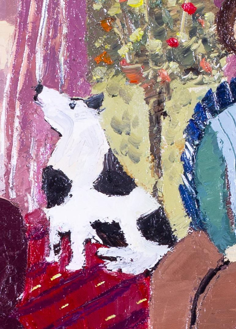 Catriona Millar (Schottin, geb. 1956)
Veva's Gast
Öl auf Leinwand
Signiert mit Initialen (unten links)
19,5/8 x 15,5/8 Zoll (50 x 39,7 cm.)

Catriona Millar (geboren 1956) ist eine schottische figurative Malerin, die in Milngavie, Glasgow, geboren