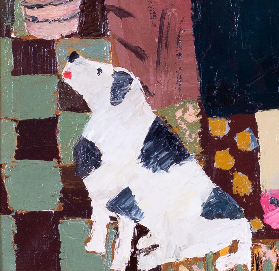 Peinture à l'huile écossaise du 20e siècle représentant des personnages, des chiens et des oiseaux à l'intérieur en vente 1