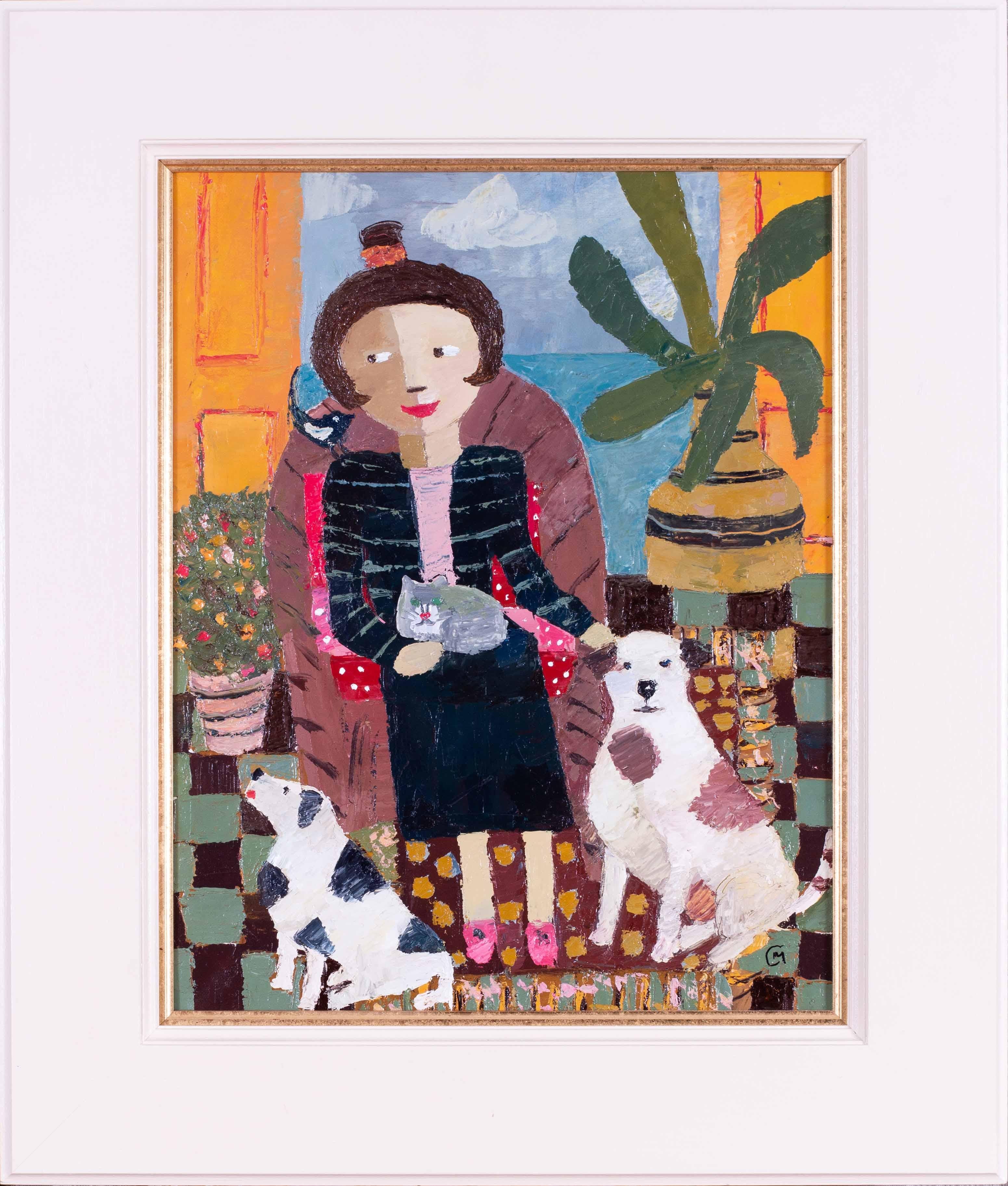 Catriona Millar Animal Painting - Scottish 20th Century naive oil painting of figures, dogs and birds in interior
