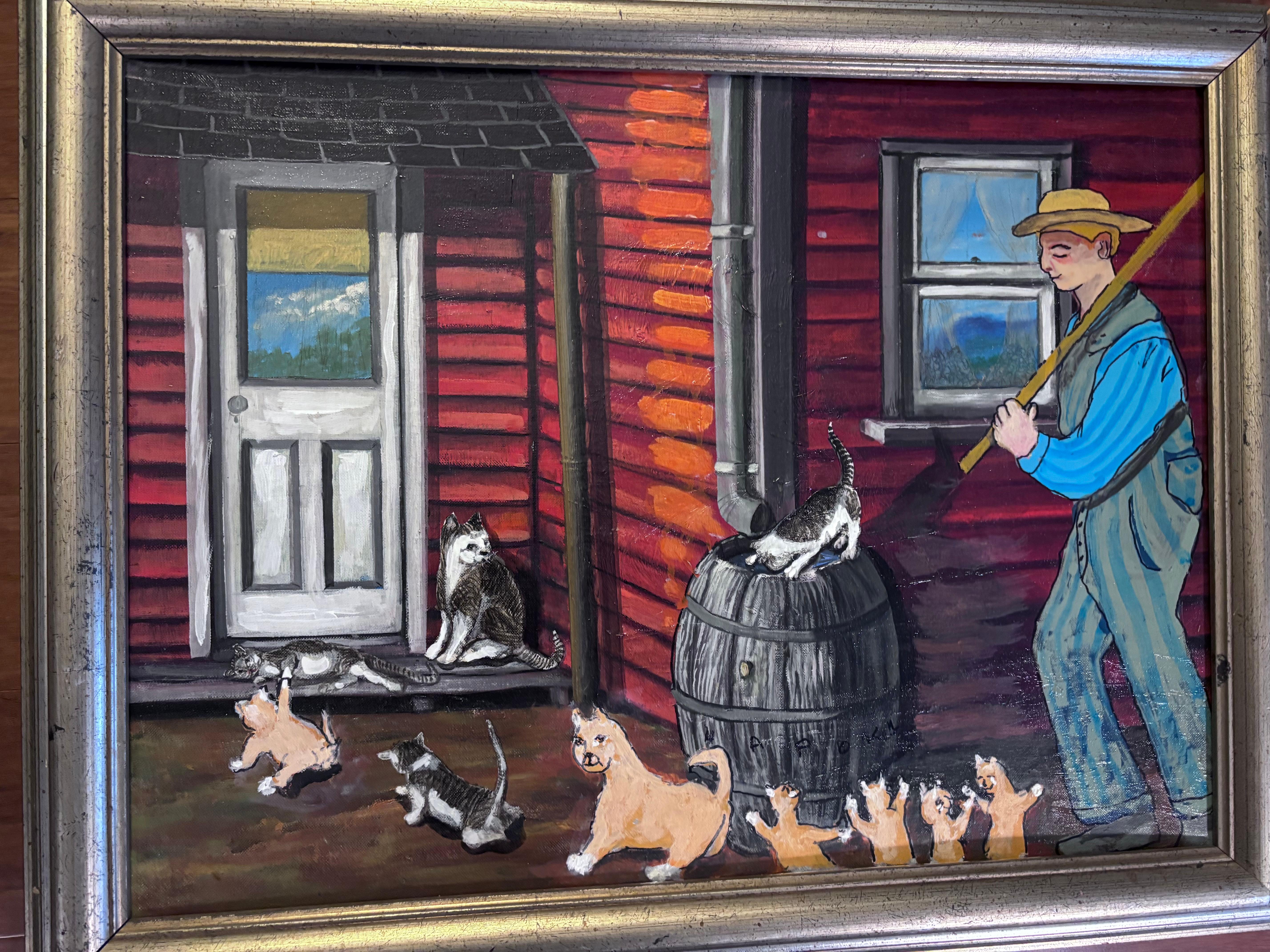 Artisanat Cats Painting Outsider Folk Artist Gloria Laposka en vente