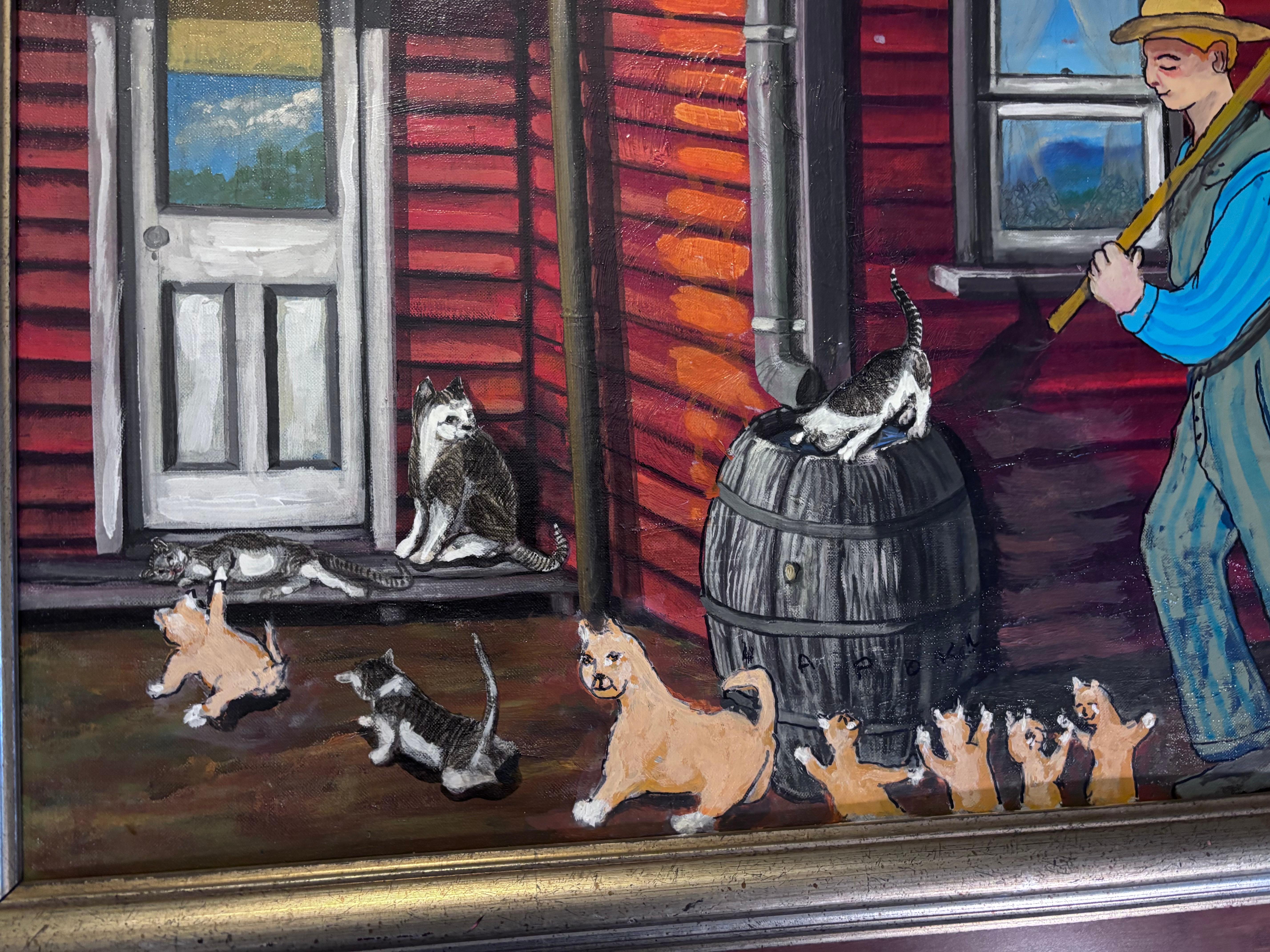 Américain Cats Painting Outsider Folk Artist Gloria Laposka en vente
