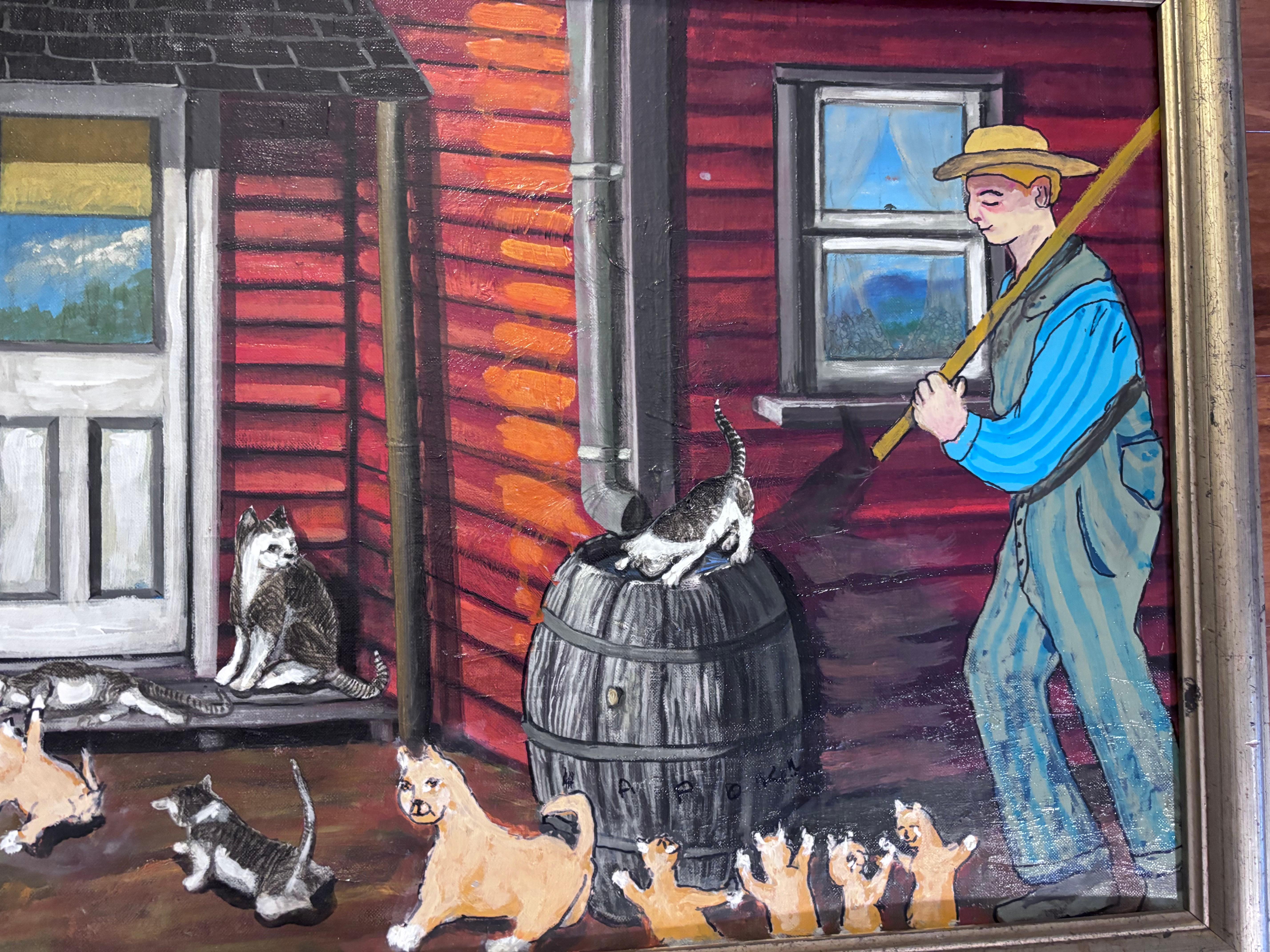 Peint à la main Cats Painting Outsider Folk Artist Gloria Laposka en vente