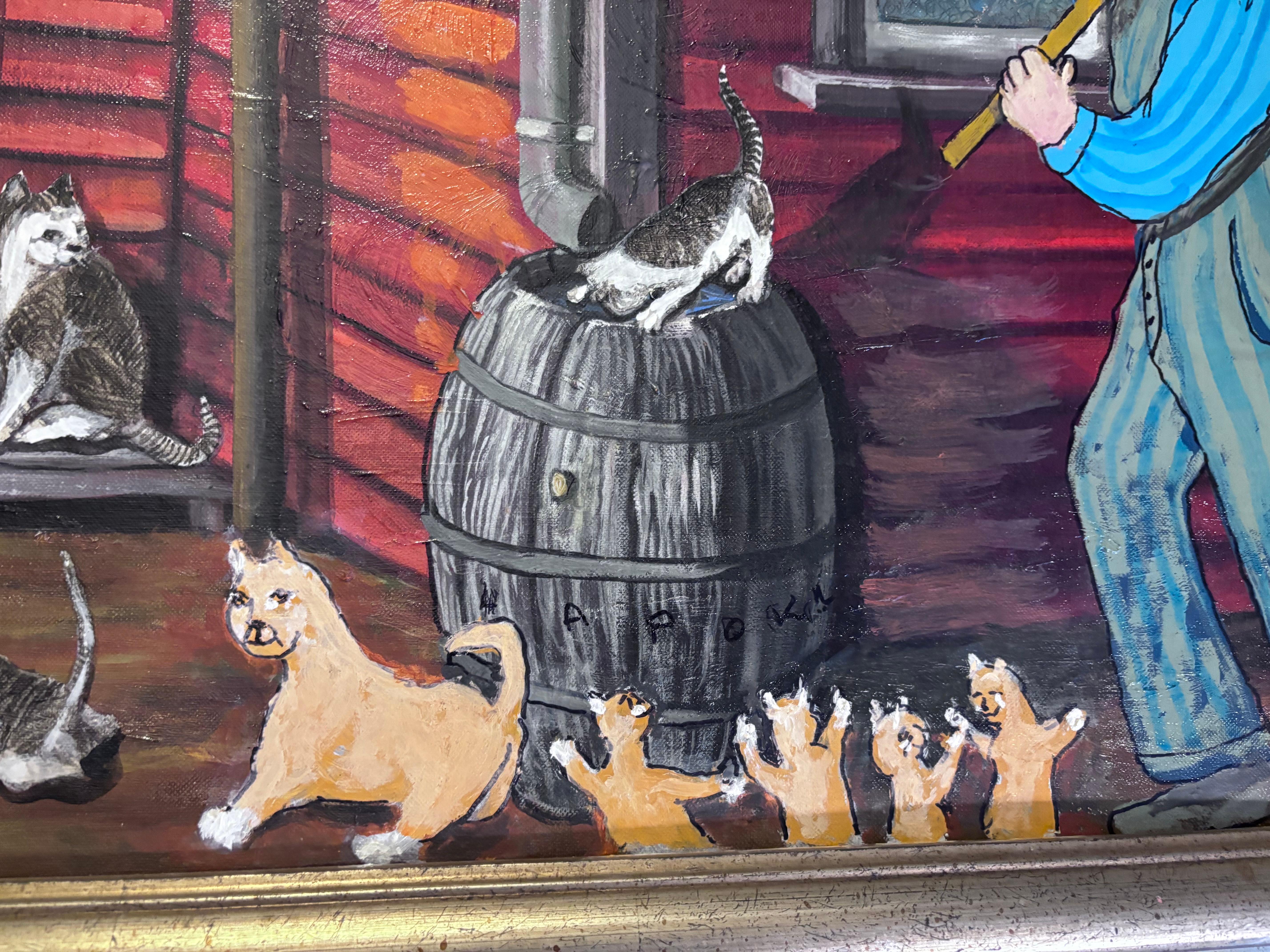 Cats Painting Outsider Folk Artist Gloria Laposka Bon état - En vente à South Burlington, VT