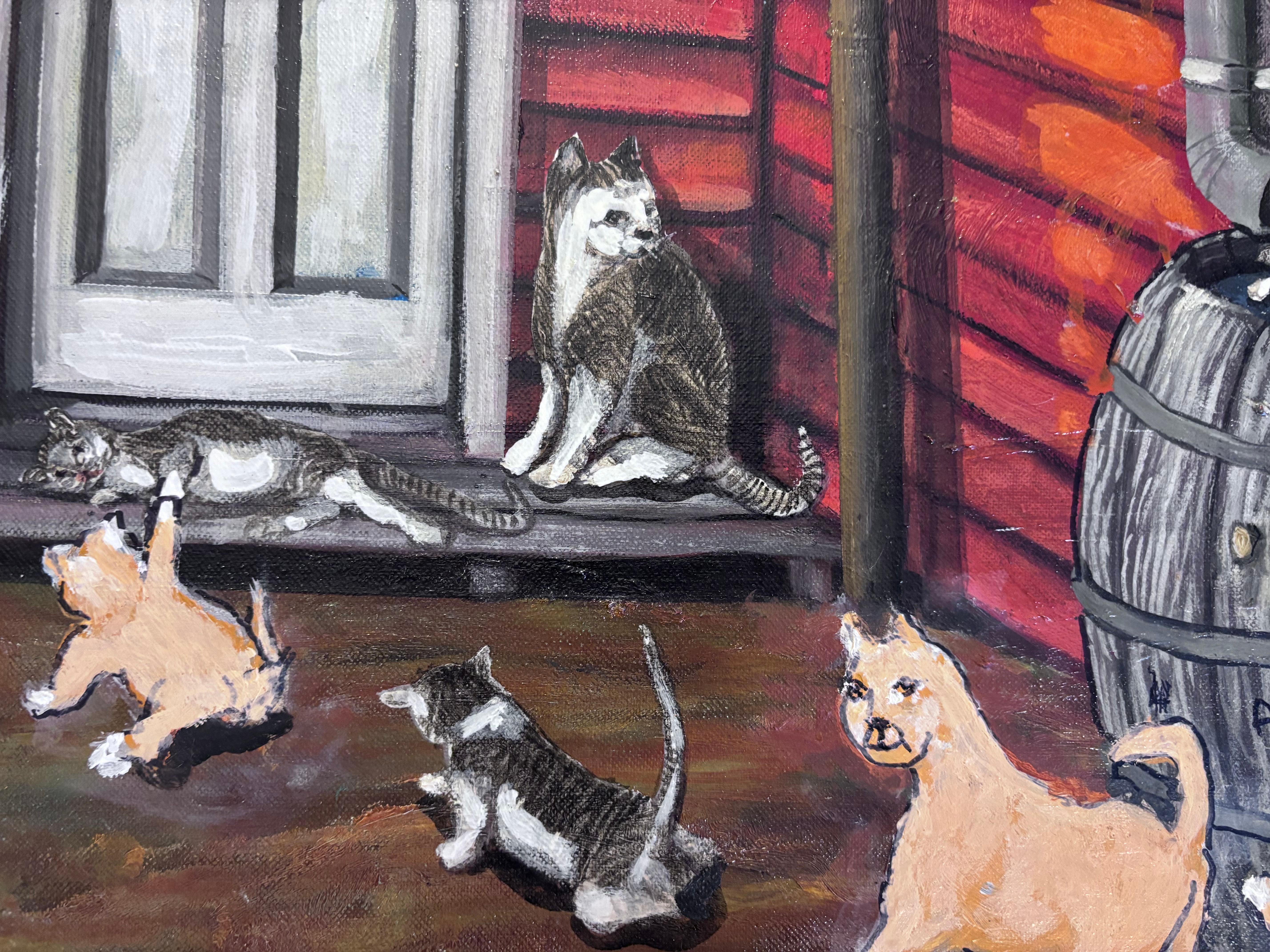 Toile Cats Painting Outsider Folk Artist Gloria Laposka en vente