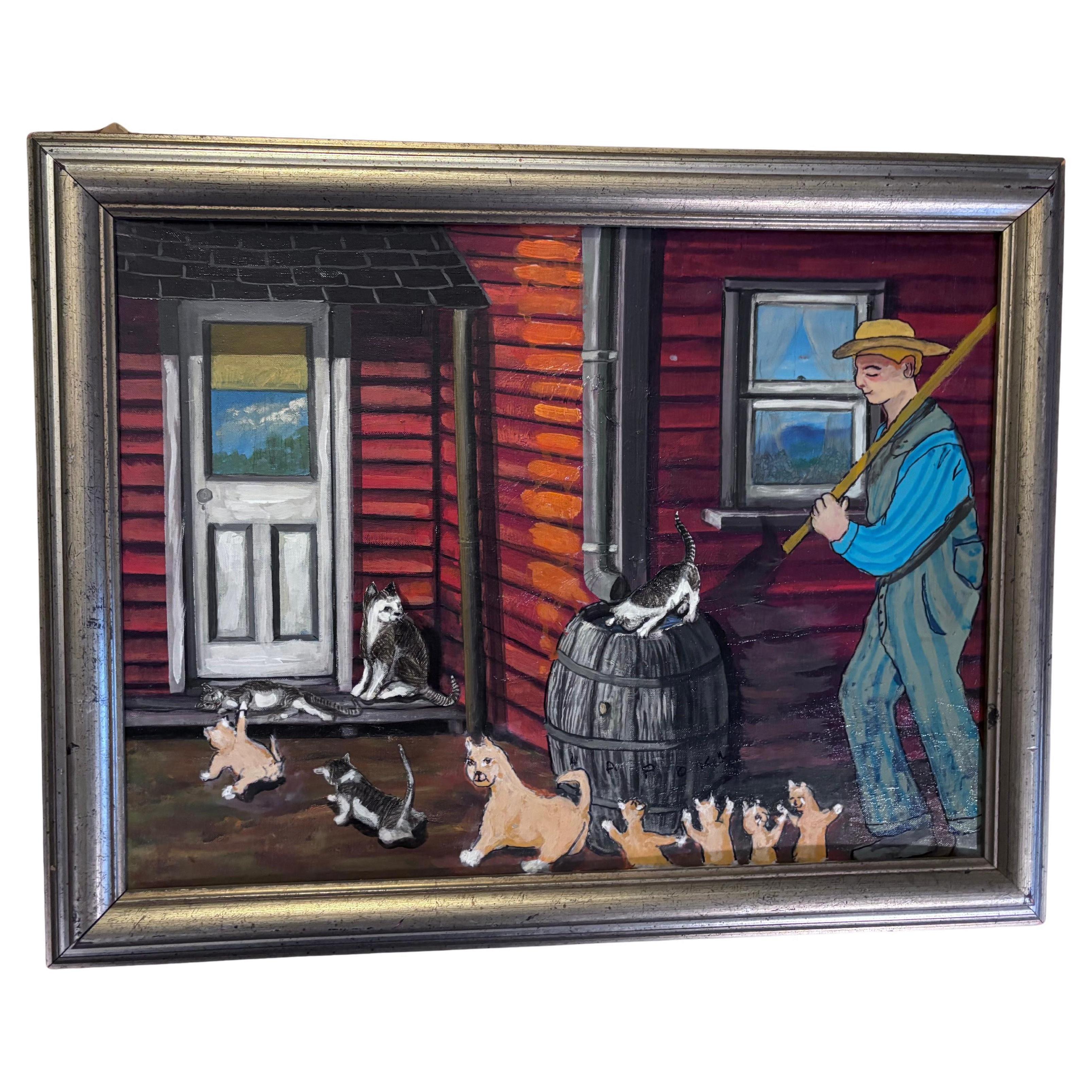Cats Painting Outsider Folk Artist Gloria Laposka