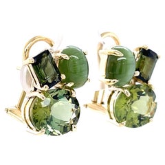 Cat's Eye and Faceted Green Tourmaline French Clip Earrings in 18k Yellow Gold