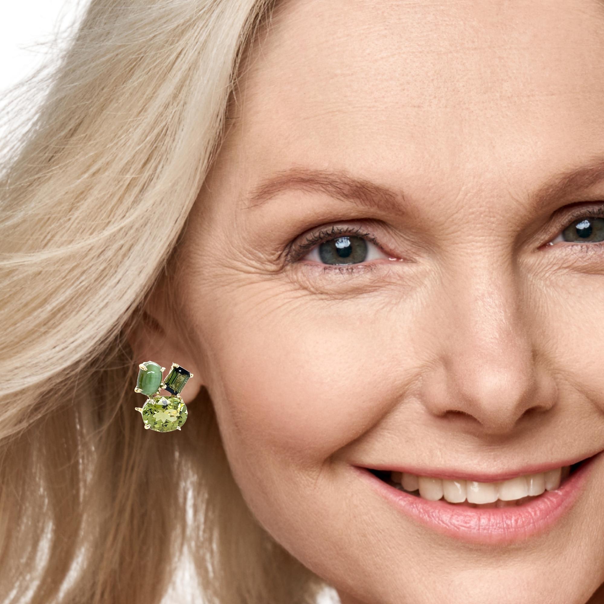 Boucles d'oreilles à pince en or jaune 18 carats, œil de chat et tourmaline verte facettée en vente 1