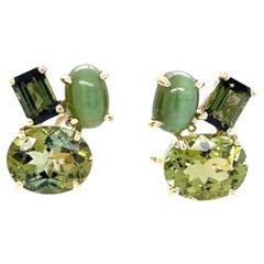 Cat's Eye and Faceted Green Tourmaline French Clip Earrings in 18k Yellow Gold