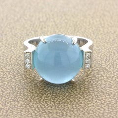 Cats Eye Aquamarine Diamond 18k White Gold Ring