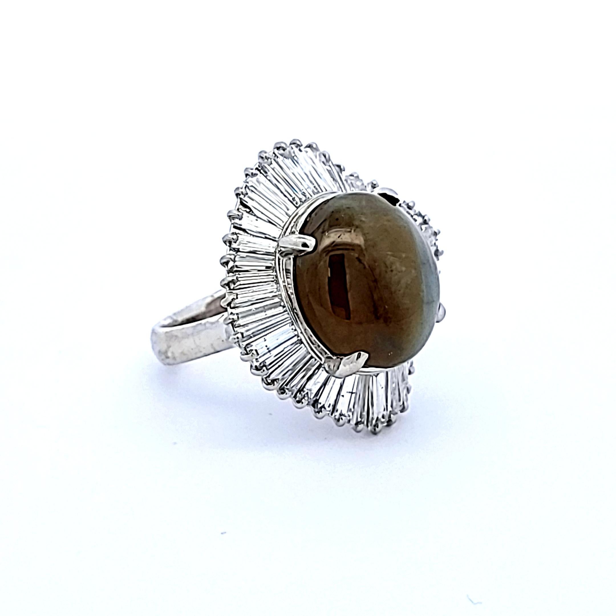 Cat's-Eye Chrysoberyll 3,43 Karat Platin-Ballerina-Ring in Baguette-Form mit Katzenschliff im Angebot 2