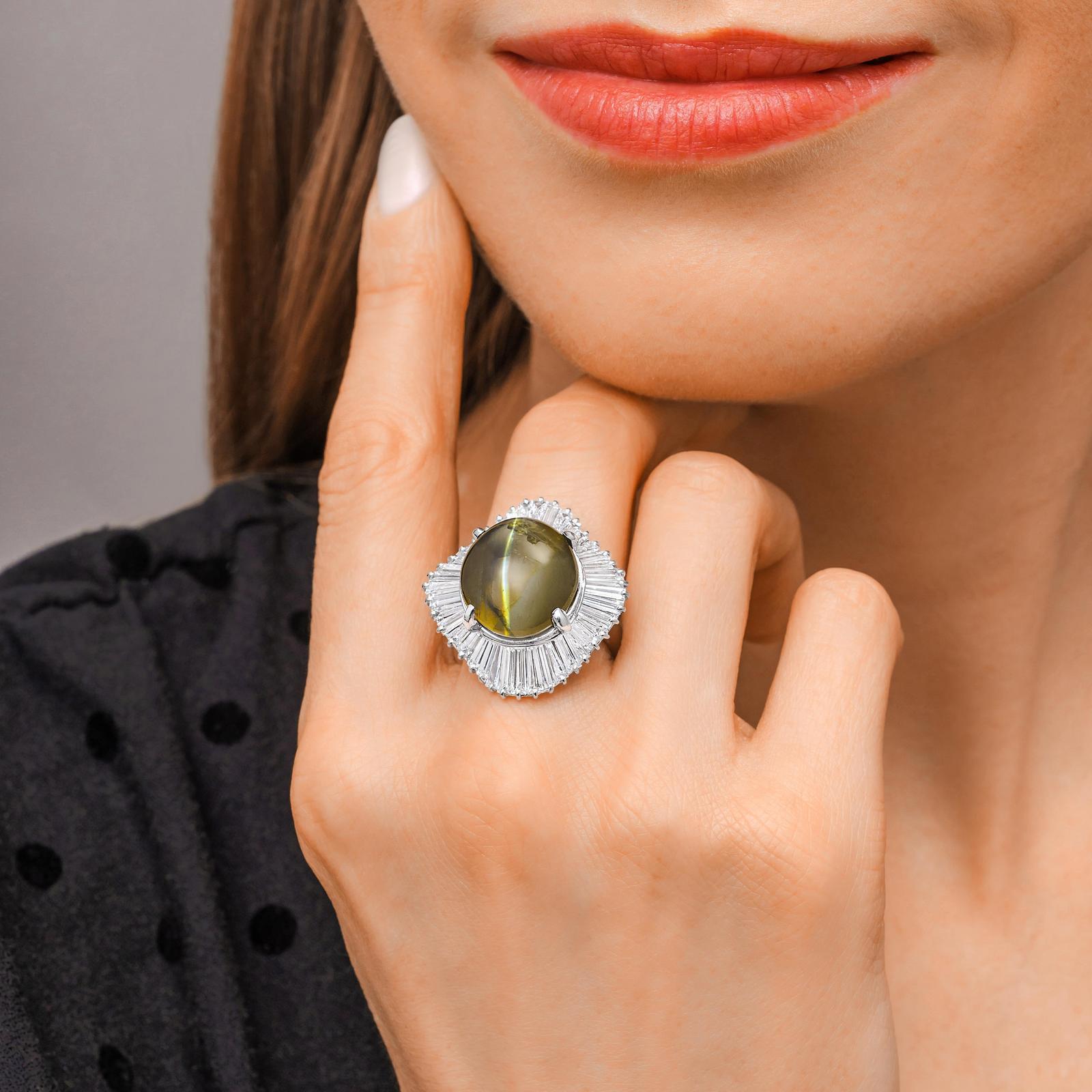 Cat's-Eye Chrysoberyll 3,43 Karat Platin-Ballerina-Ring in Baguette-Form mit Katzenschliff im Angebot 4