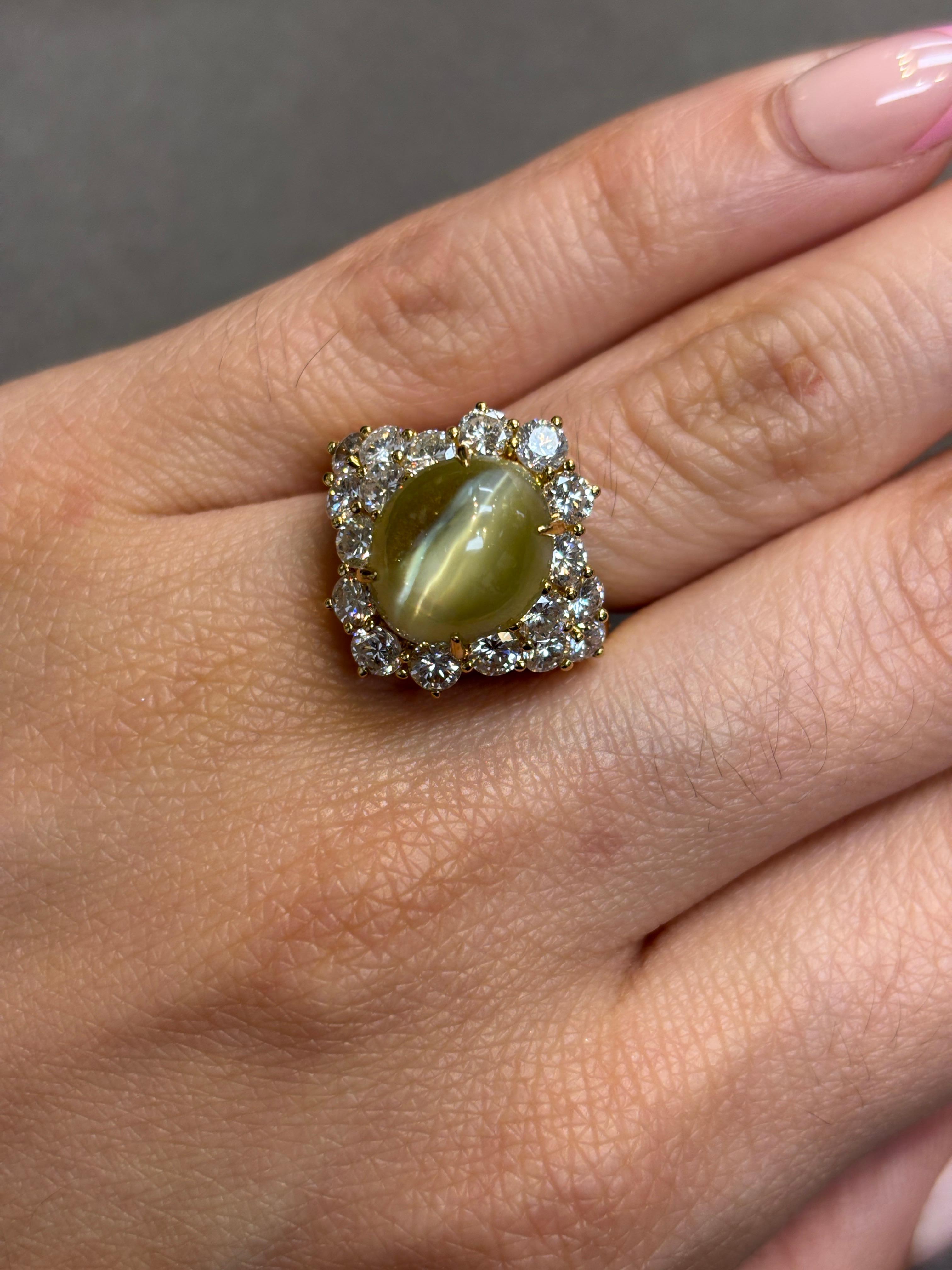 Ring mit Katzenauge, Chrysoberyll und Diamant

Ein Ring aus Gelbgold mit einer  Katzenauge, akzentuiert mit 18 Diamanten im Rundschliff

Ungefähres Gewicht des Katzenauges: 6,75
Ungefähres Diamantgewicht: 2,52

Begleitet von einem GIA-Zertifikat mit