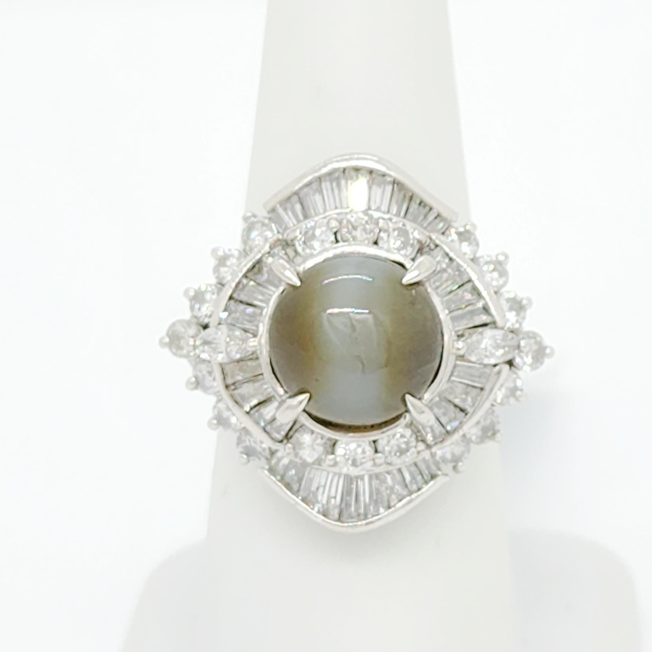 Women's or Men's Cat's Eye Chrysoberyl Cabochon Round and White Diamond Cocktail Ring