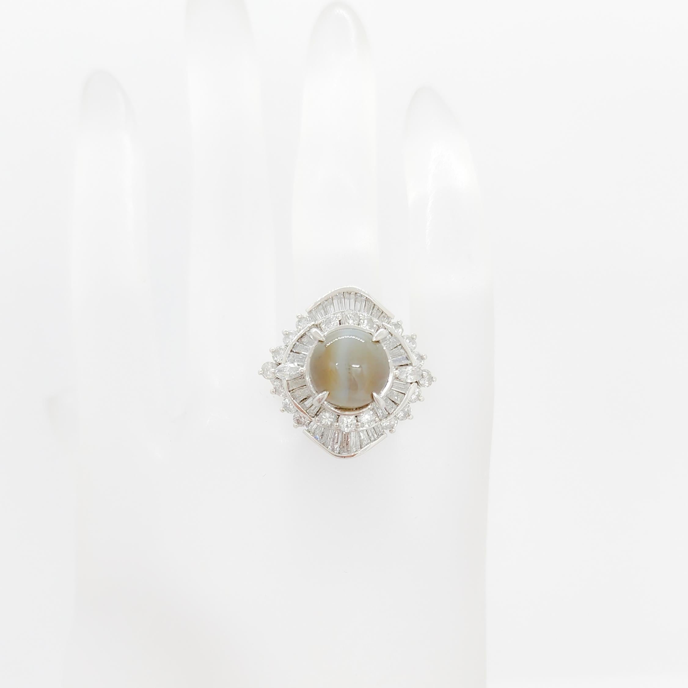 Cat's Eye Chrysoberyl Cabochon Round and White Diamond Cocktail Ring 1
