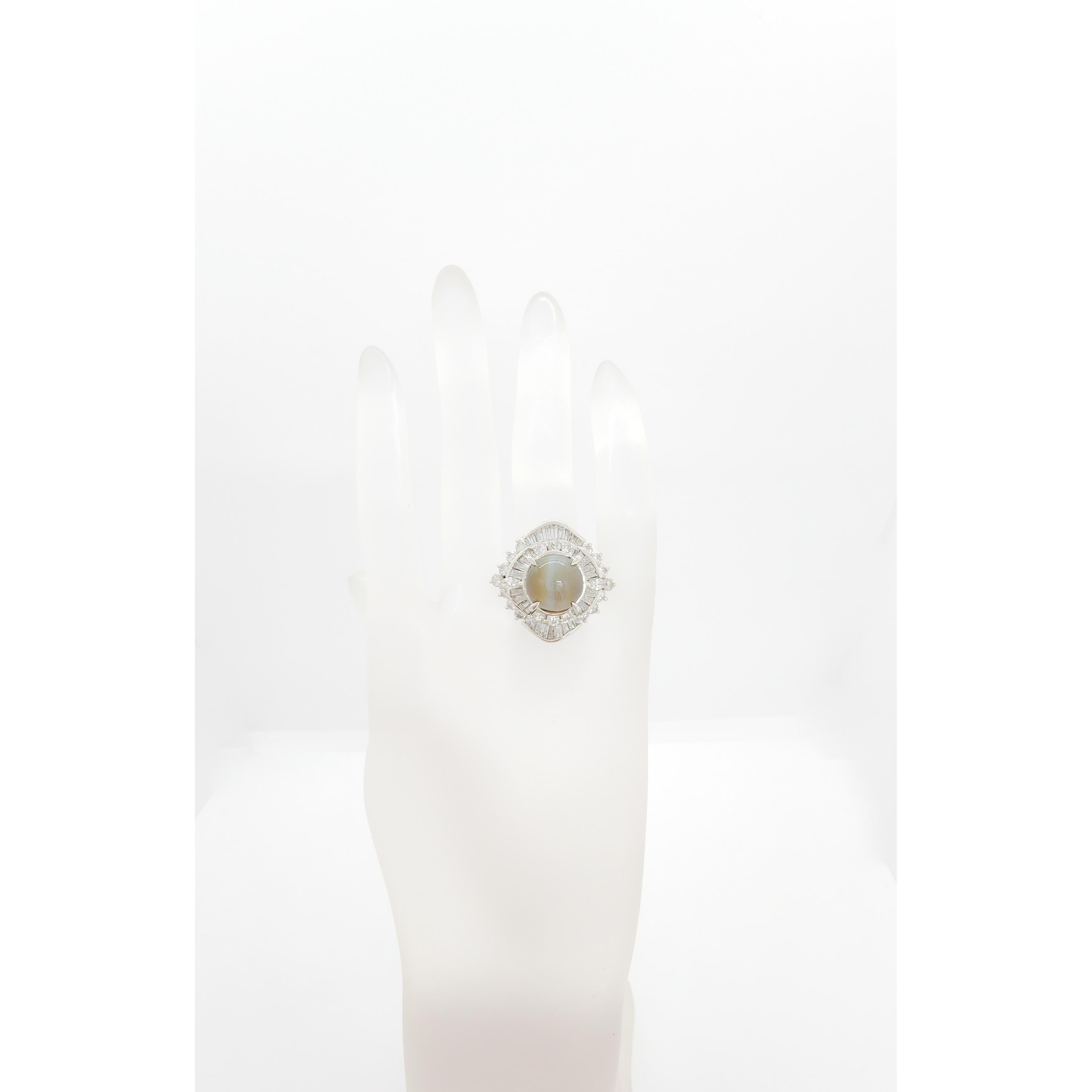 Cat's Eye Chrysoberyl Cabochon Round and White Diamond Cocktail Ring 2